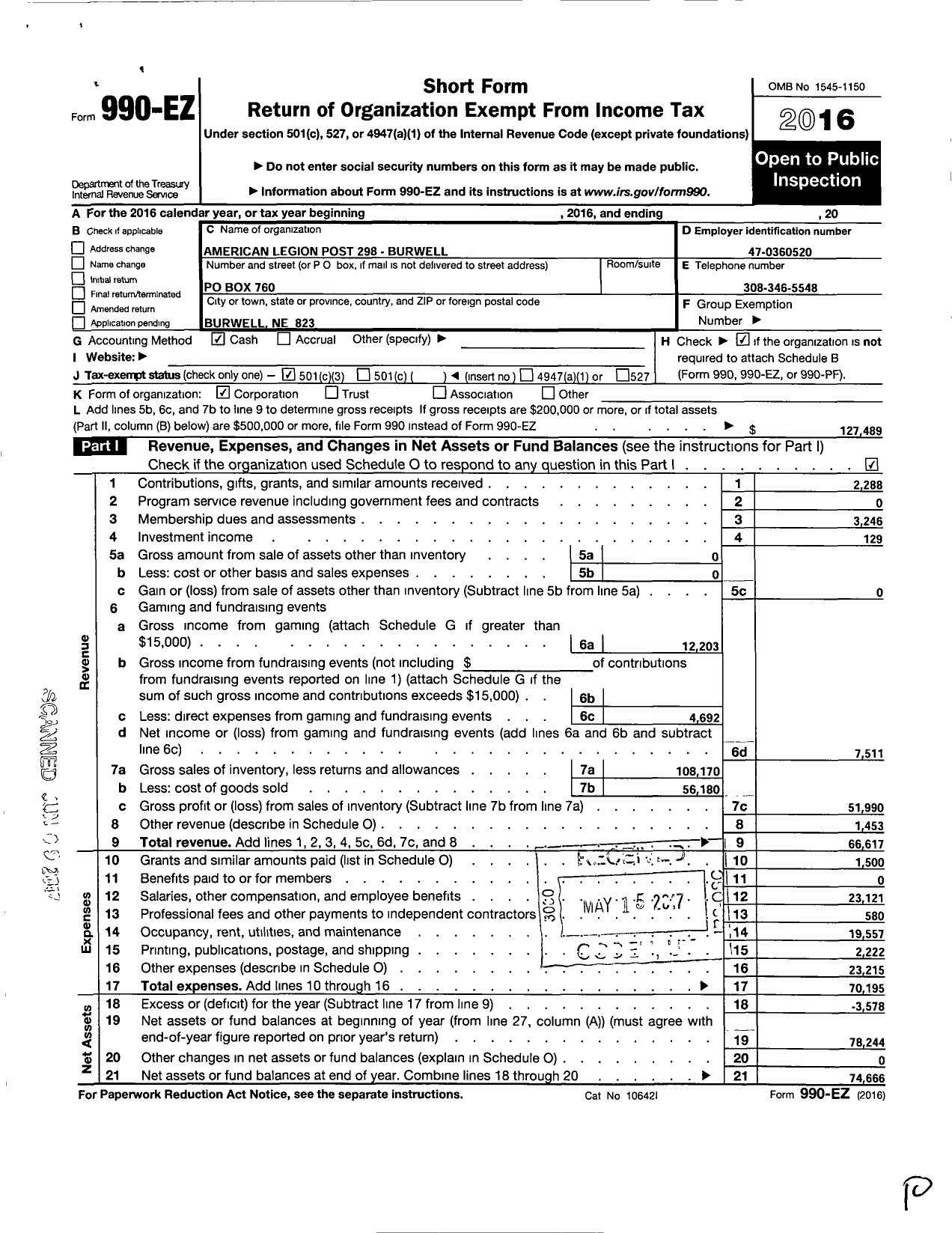 Image of first page of 2016 Form 990EZ for American Legion Post 298 Burwell