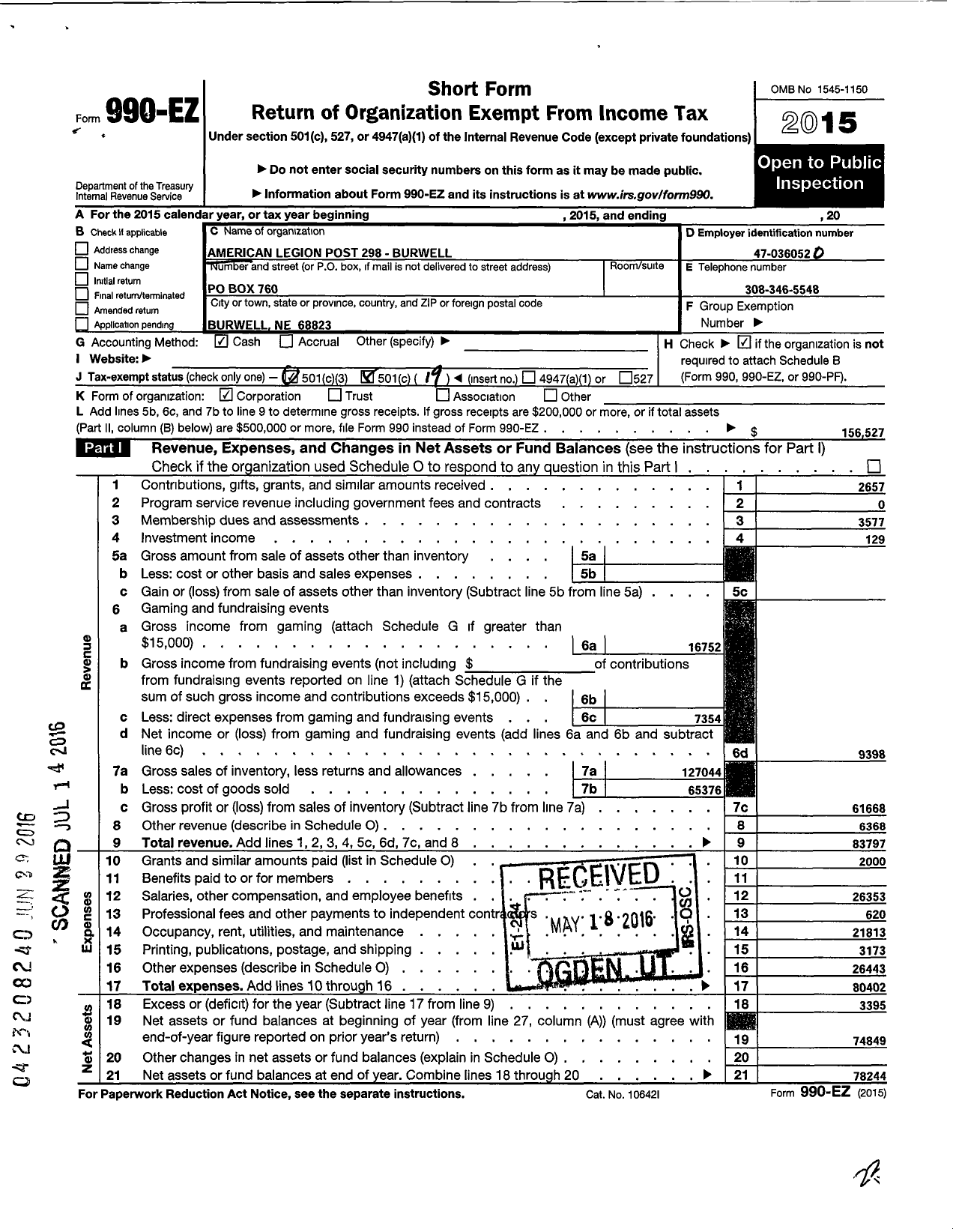 Image of first page of 2015 Form 990EO for American Legion Post 298 Burwell