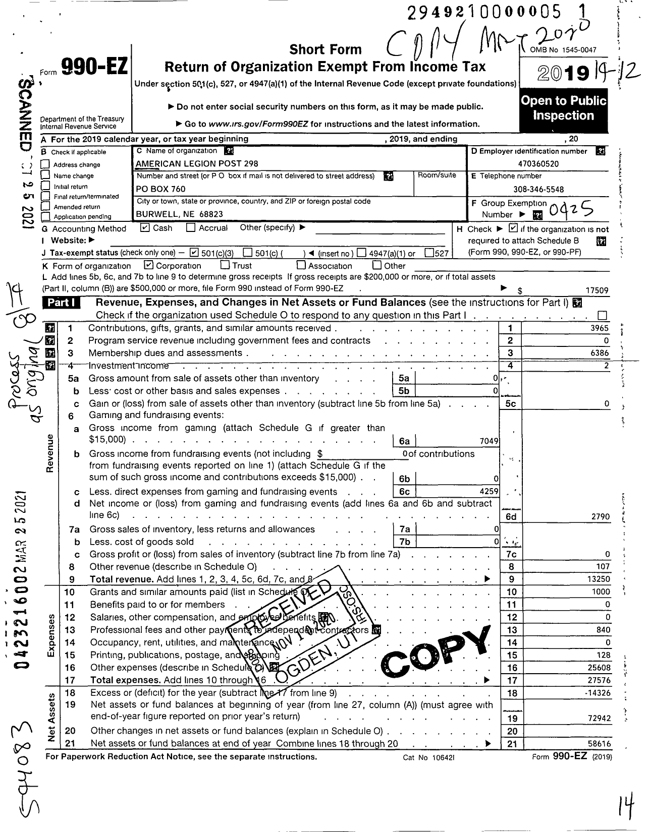 Image of first page of 2019 Form 990EO for American Legion - 0298 Clifford Clark