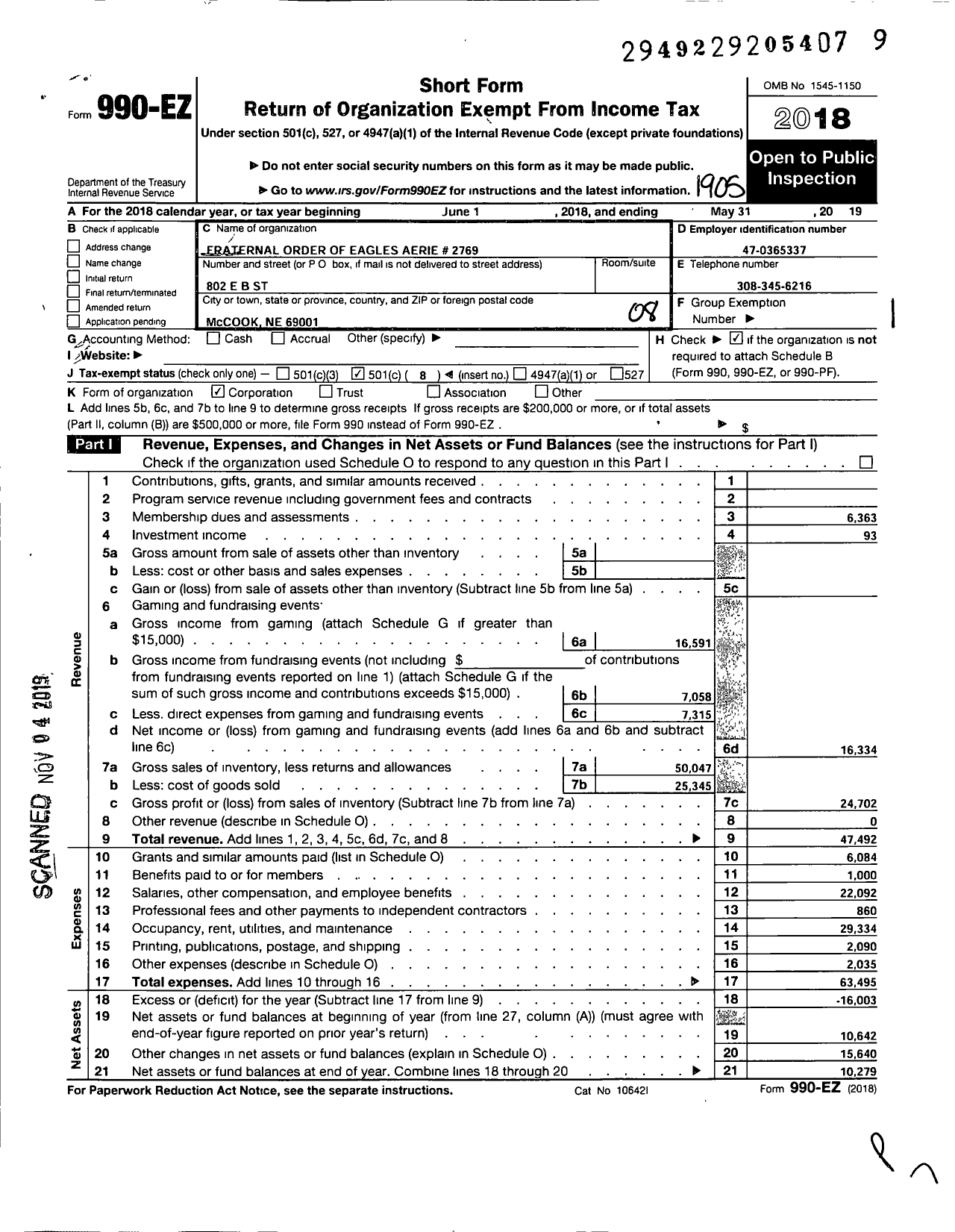 Image of first page of 2018 Form 990EO for Fraternal Order of Eagles - 2769 Aerie