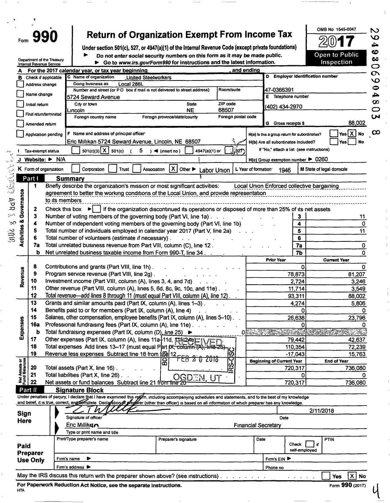 Image of first page of 2017 Form 990O for United Steelworkers International Union Local 00286L