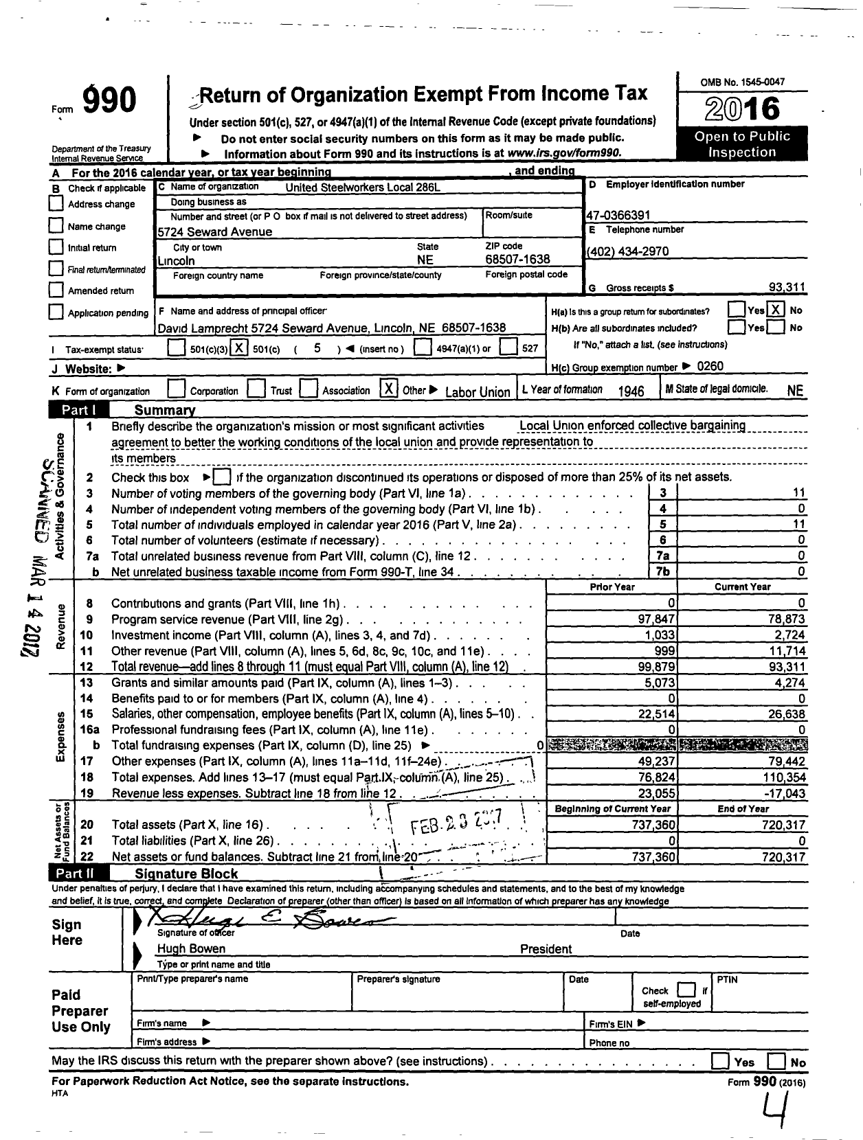 Image of first page of 2016 Form 990O for United Steelworkers International Union Local 00286L