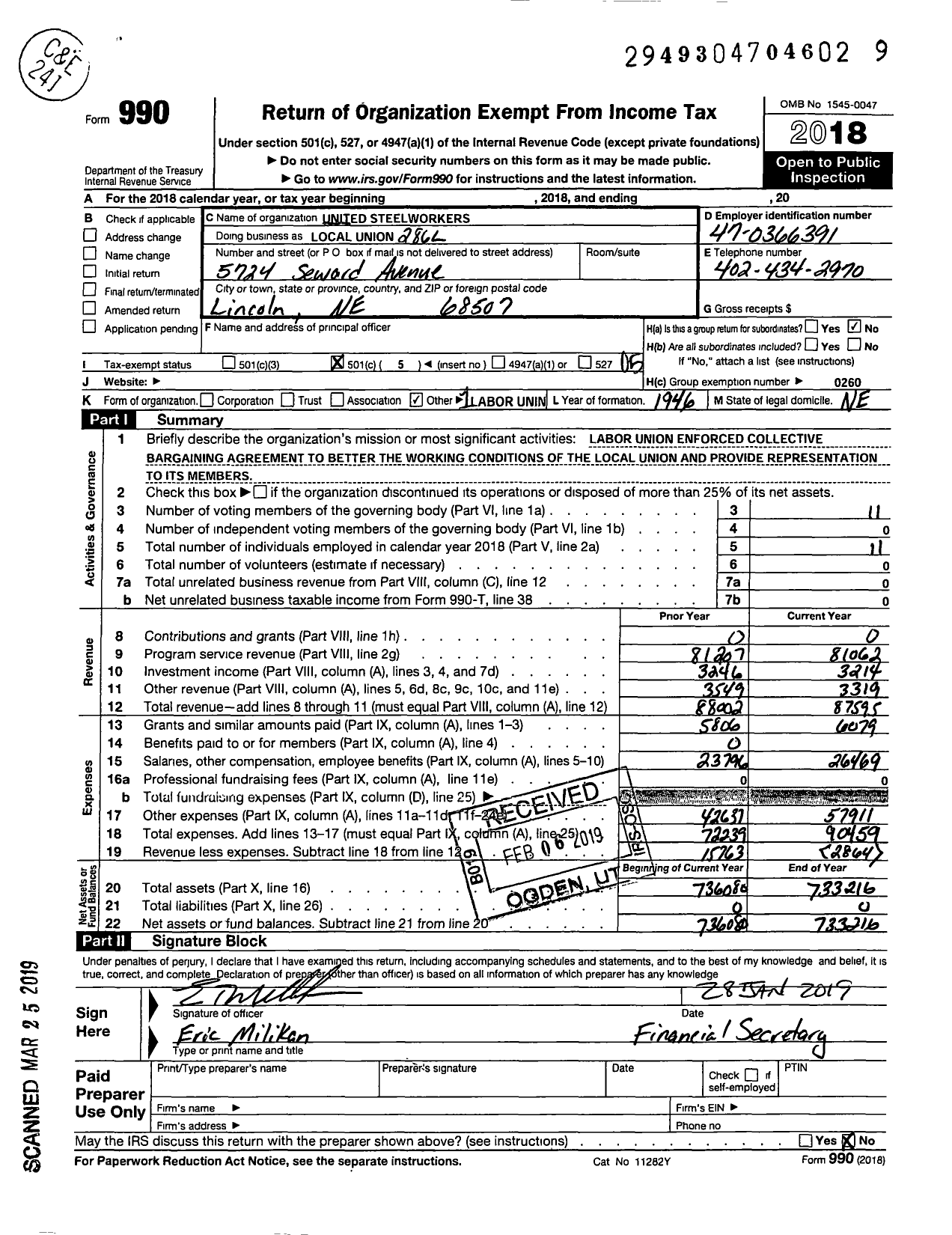 Image of first page of 2018 Form 990O for United Steelworkers International Union Local 00286L