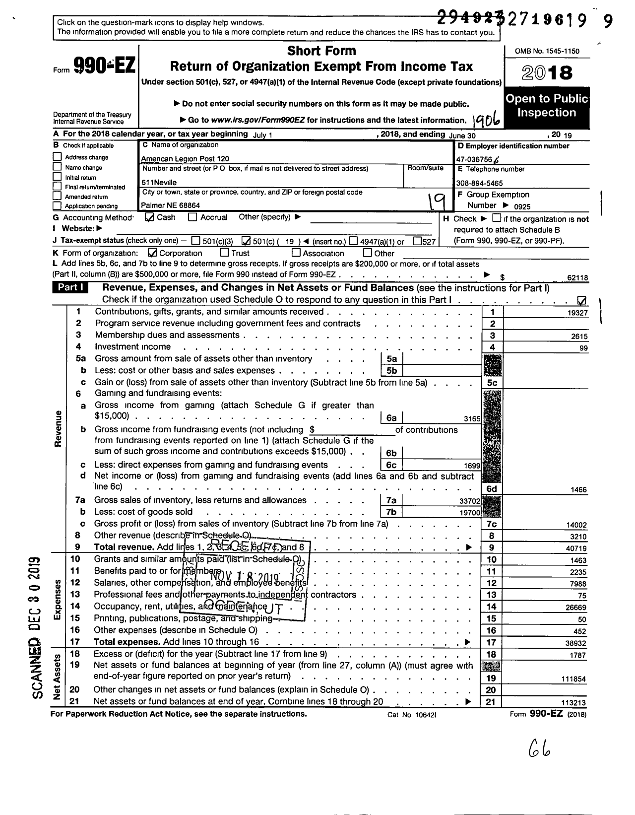 Image of first page of 2018 Form 990EO for American Legion - 120 Burton-Beyer