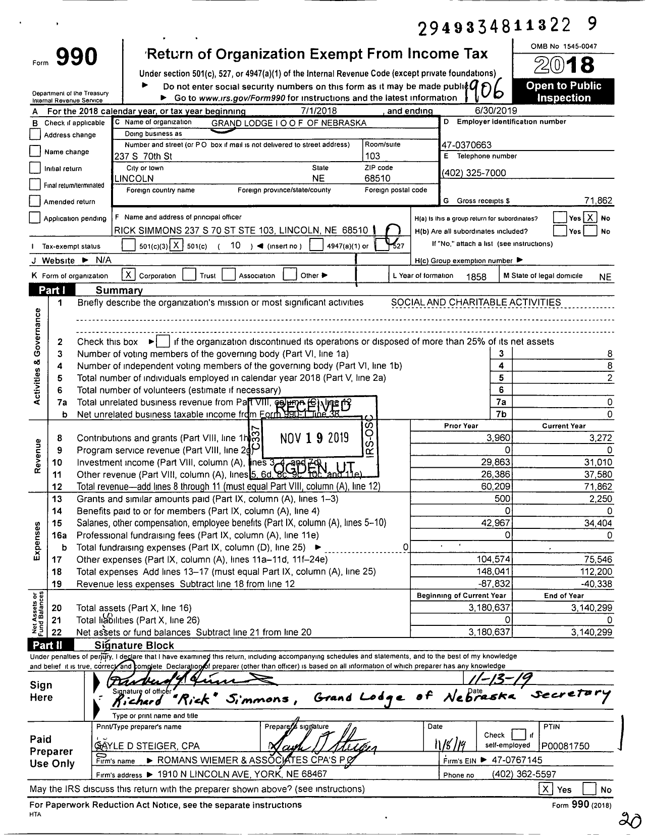 Image of first page of 2018 Form 990O for Independent Order of Odd Fellows - 10 Nebraska GL & Holly Lodge