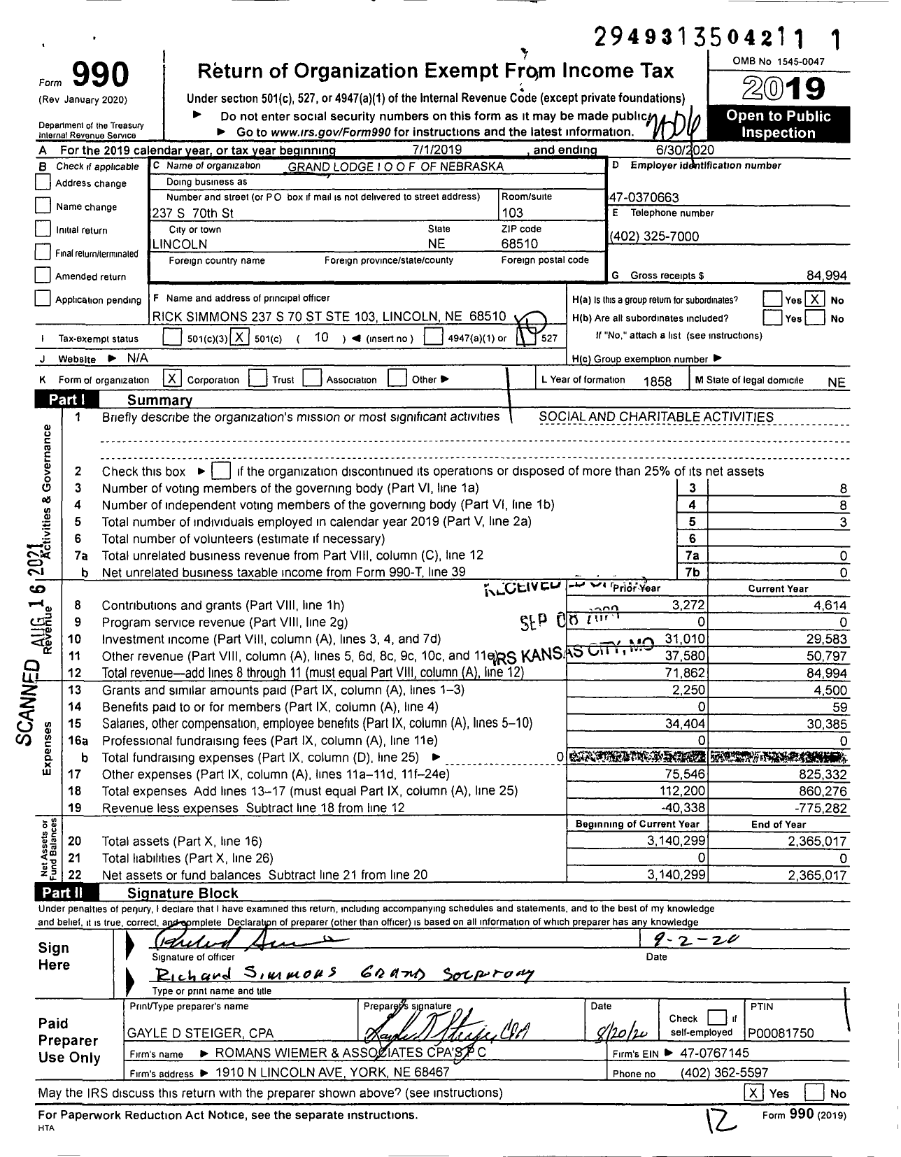 Image of first page of 2019 Form 990O for Independent Order of Odd Fellows - 10 Nebraska GL & Holly Lodge