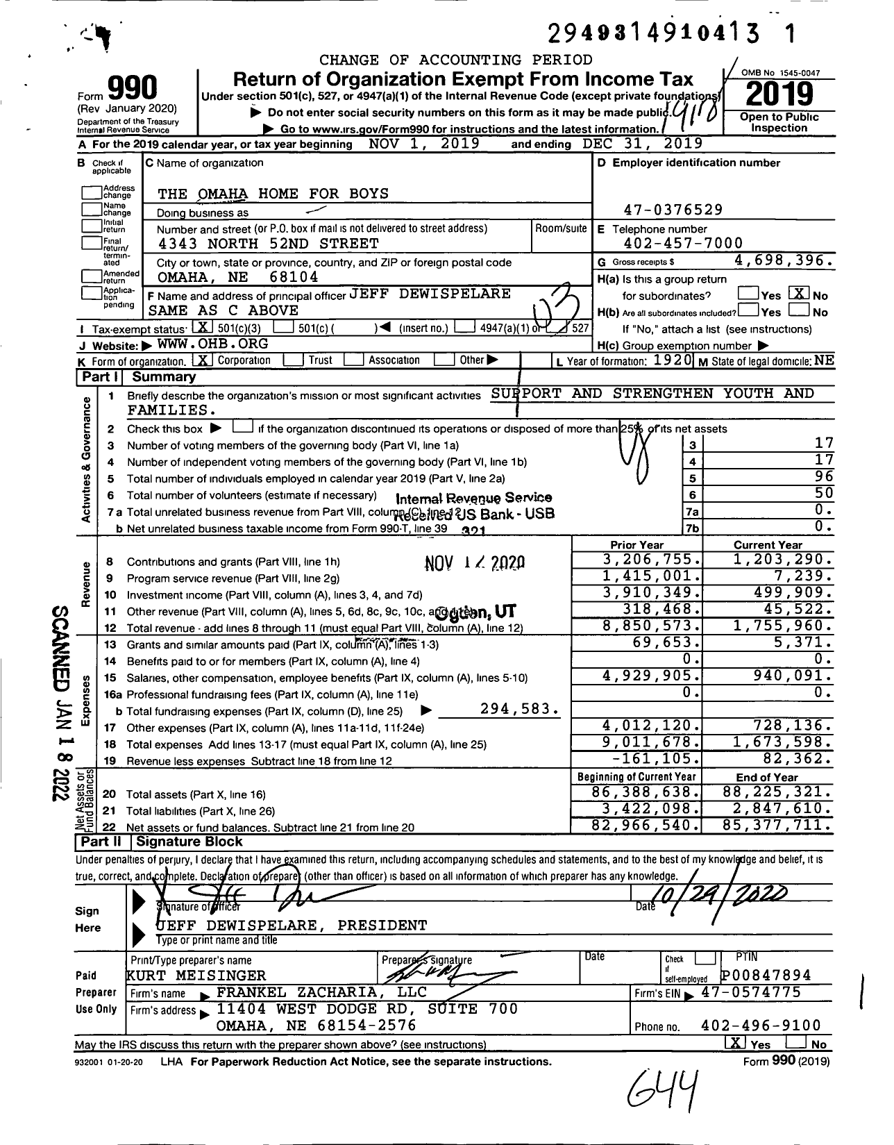 Image of first page of 2019 Form 990 for Omaha Home for Boys