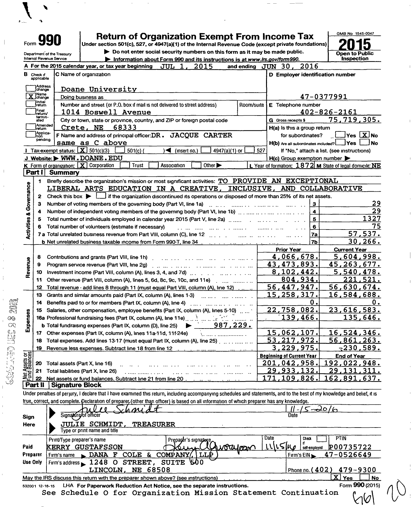 Image of first page of 2015 Form 990 for Doane University