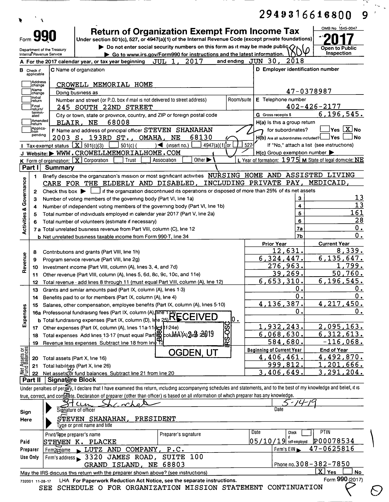 Image of first page of 2017 Form 990 for Crowell Memorial Home