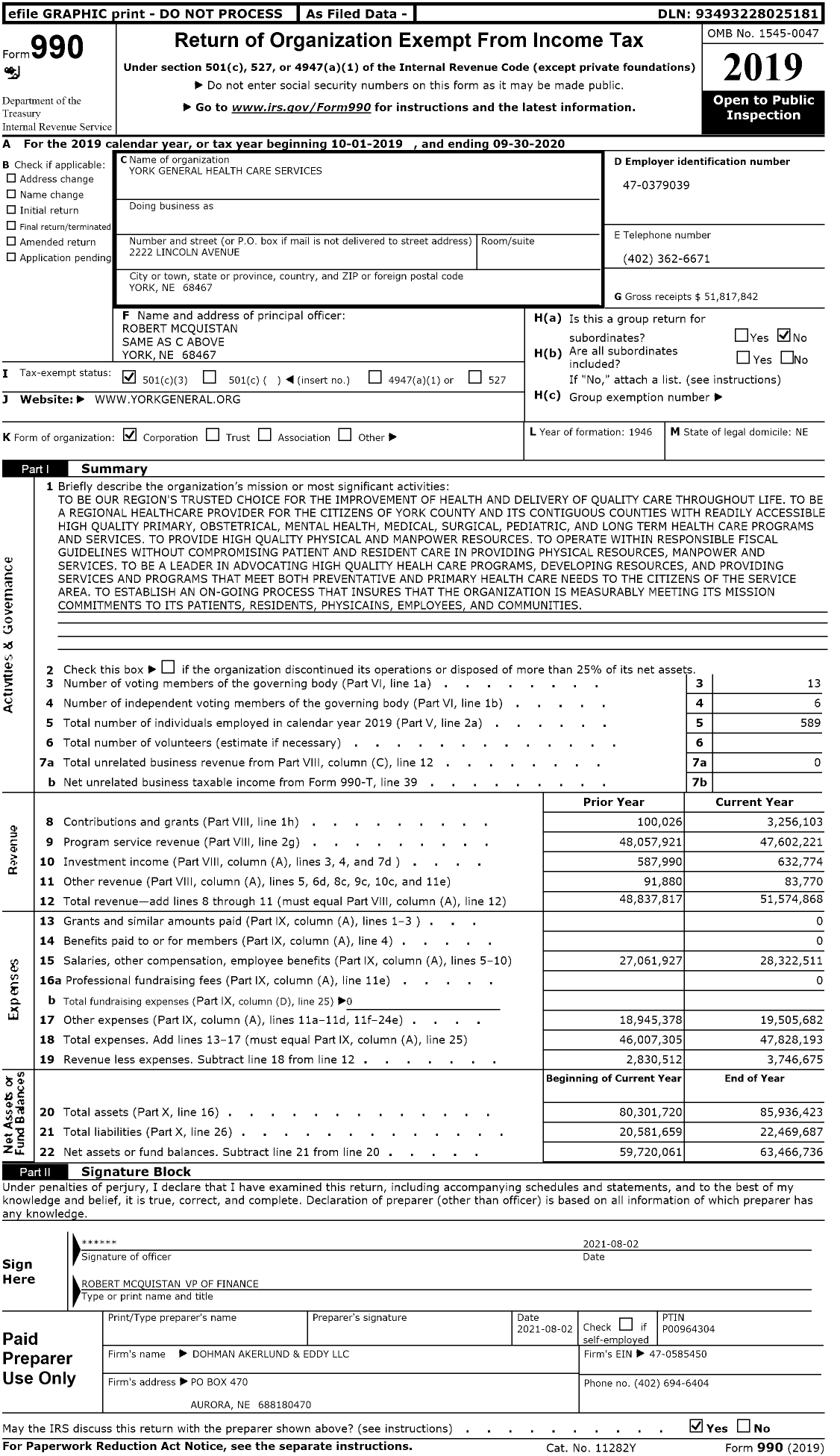 Image of first page of 2019 Form 990 for York General Health Care Services