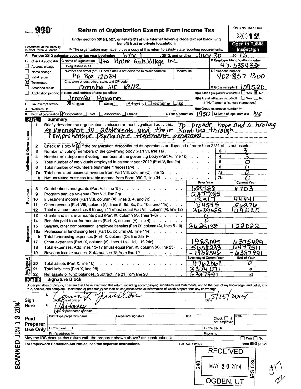 Image of first page of 2012 Form 990 for Uta Halee Girls Village