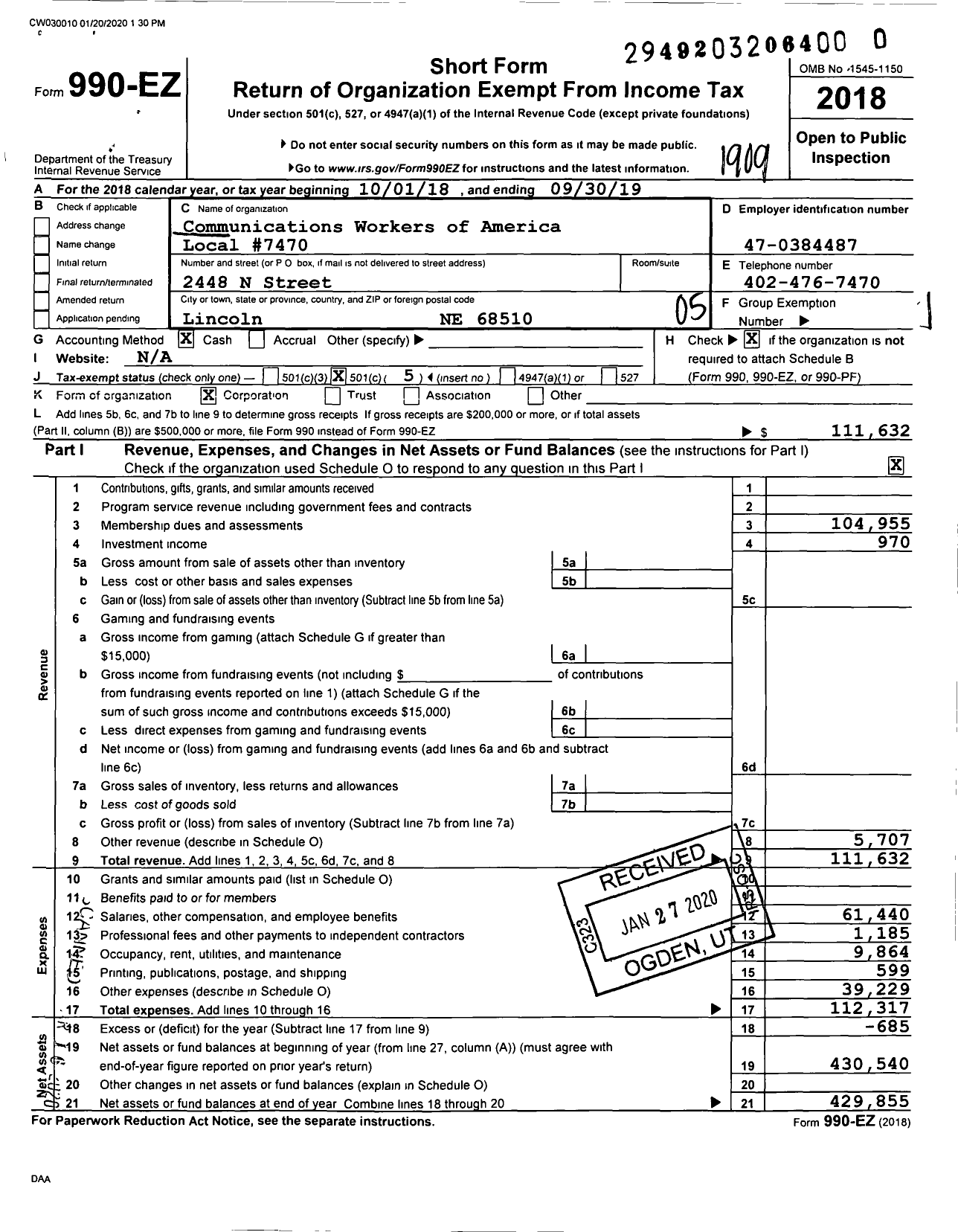 Image of first page of 2018 Form 990EO for Communications Workers of America - 7470 Cwa