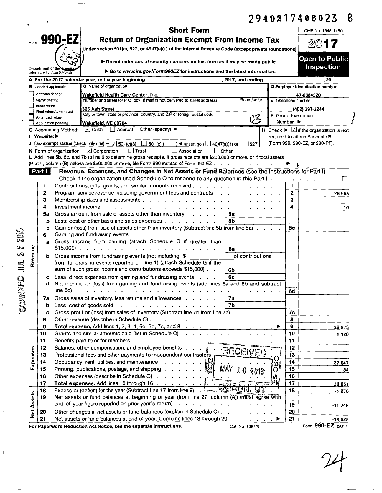 Image of first page of 2017 Form 990EZ for Wakefield Health Care Center