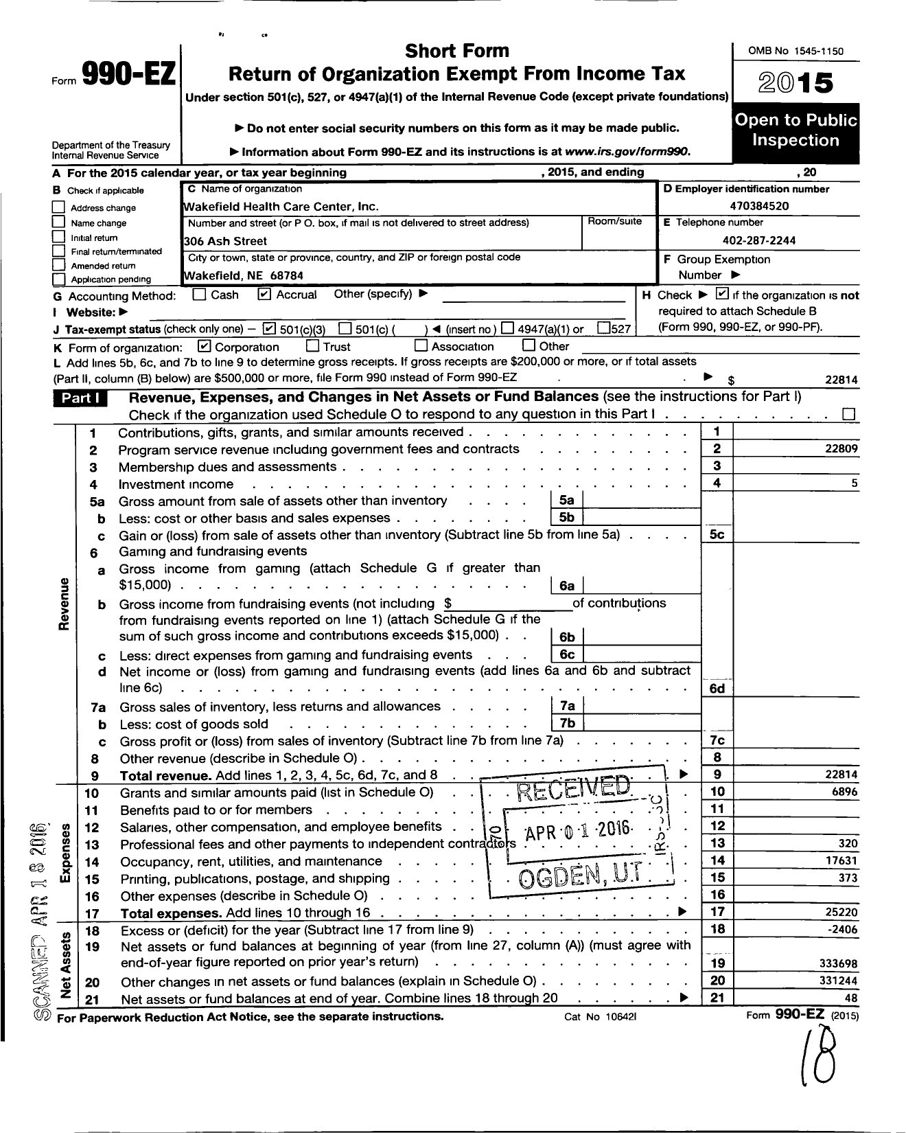 Image of first page of 2015 Form 990EZ for Wakefield Health Care Center