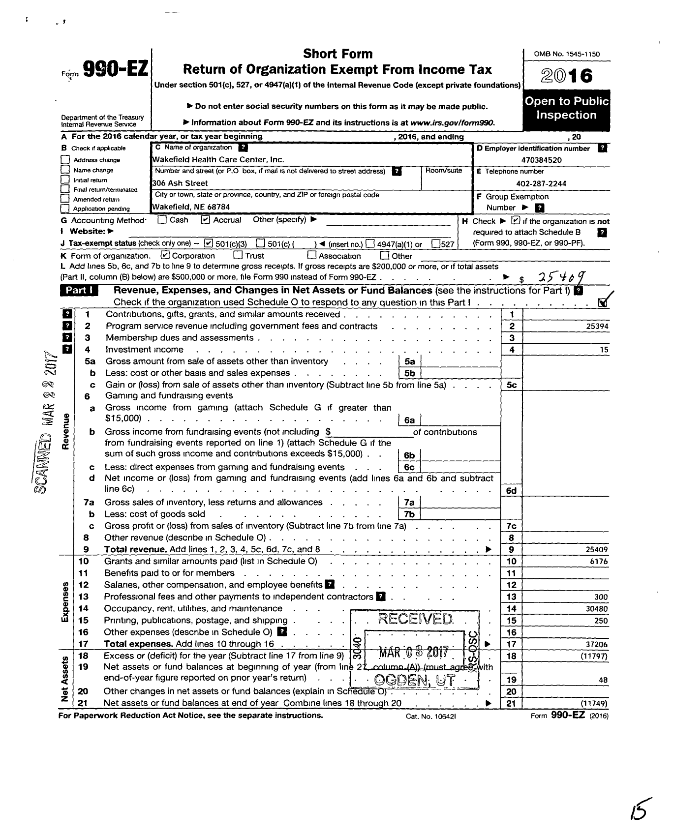 Image of first page of 2016 Form 990EZ for Wakefield Health Care Center