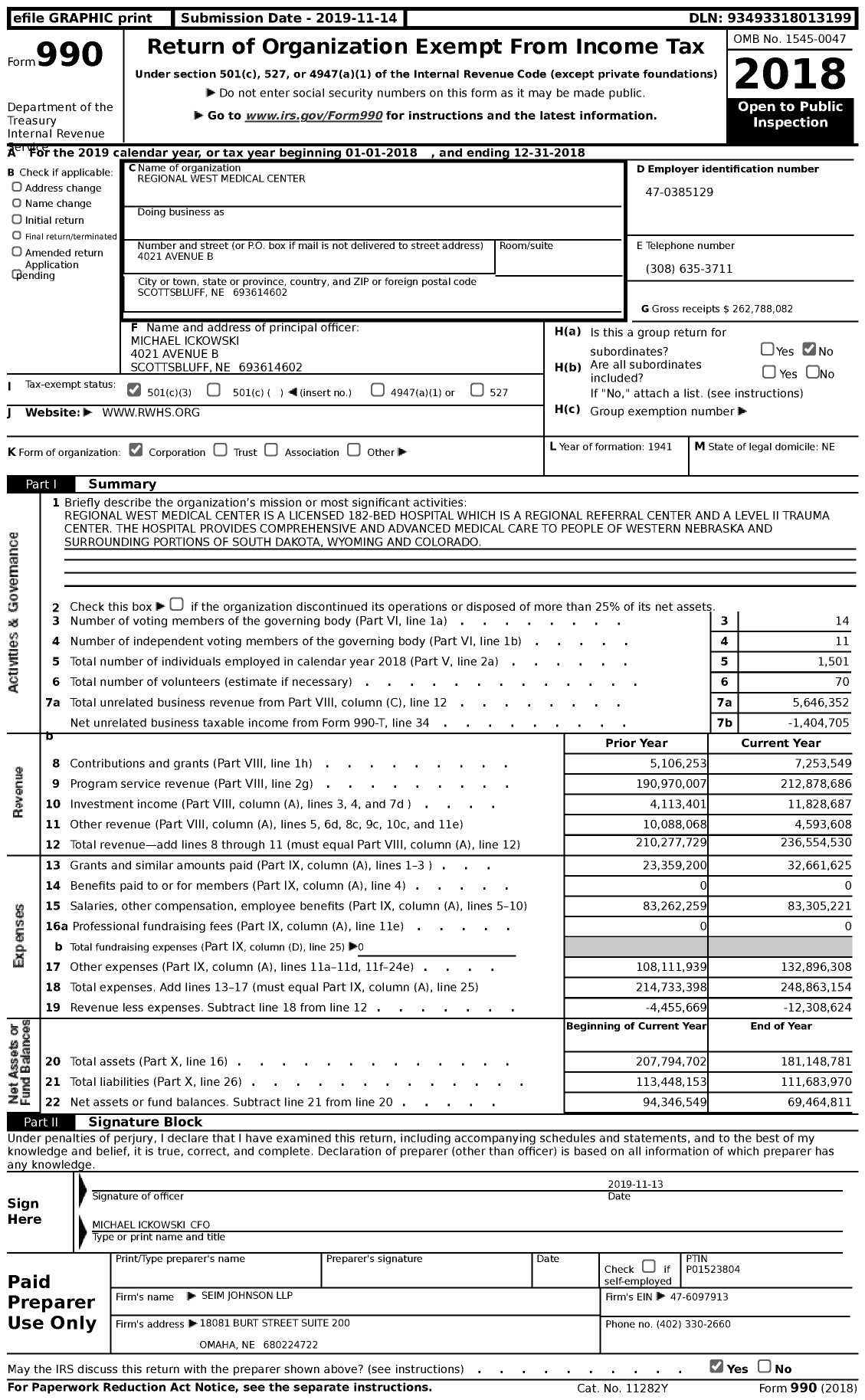 Image of first page of 2018 Form 990 for Regional West Medical Center