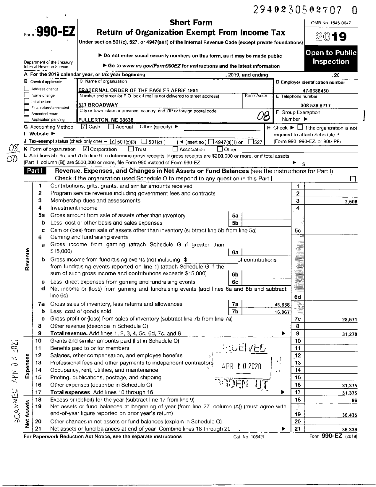 Image of first page of 2019 Form 990EO for FRATERNAL ORDER OF EAGLES - 1981 Aerie