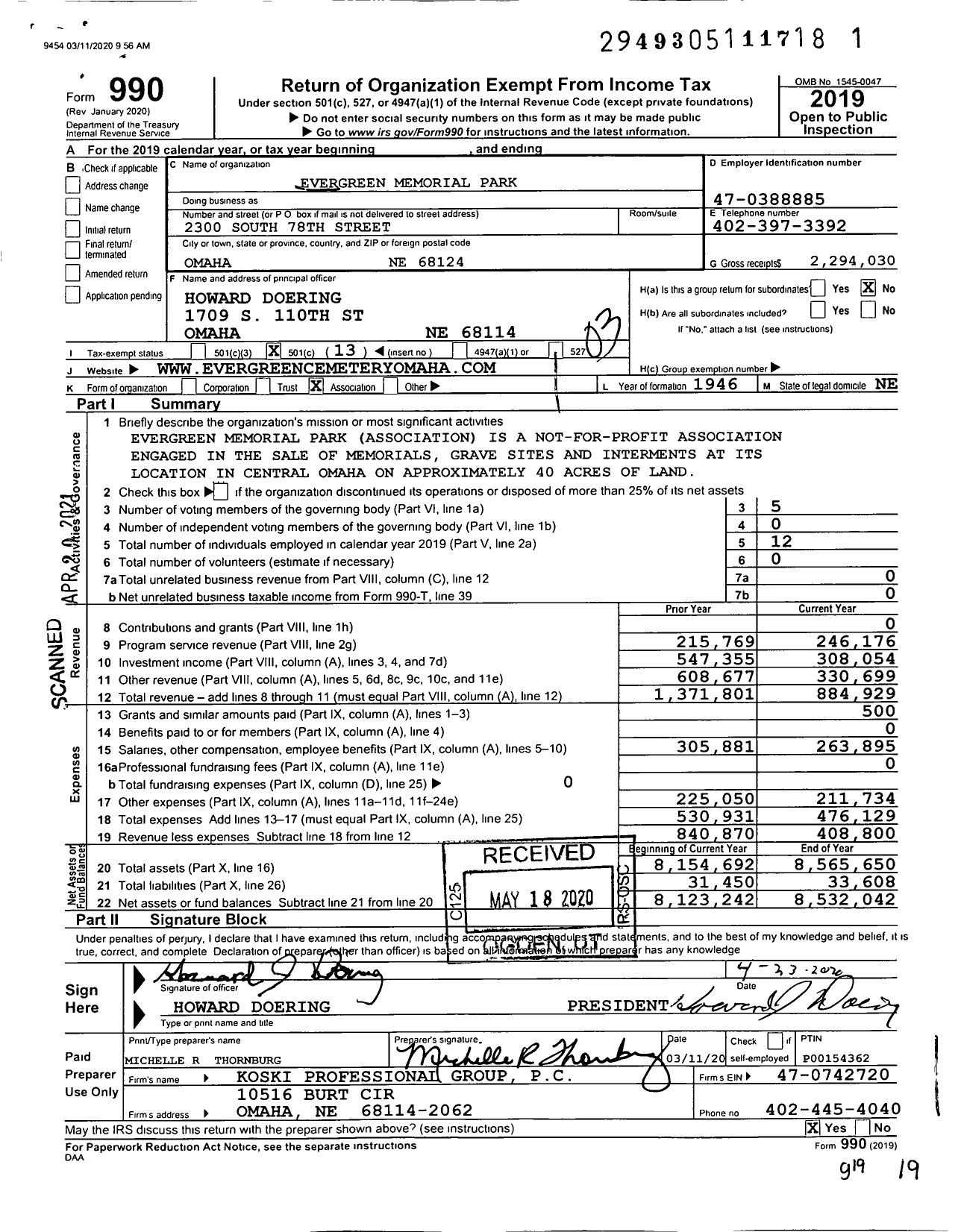 Image of first page of 2019 Form 990 for Evergreen Memorial Park