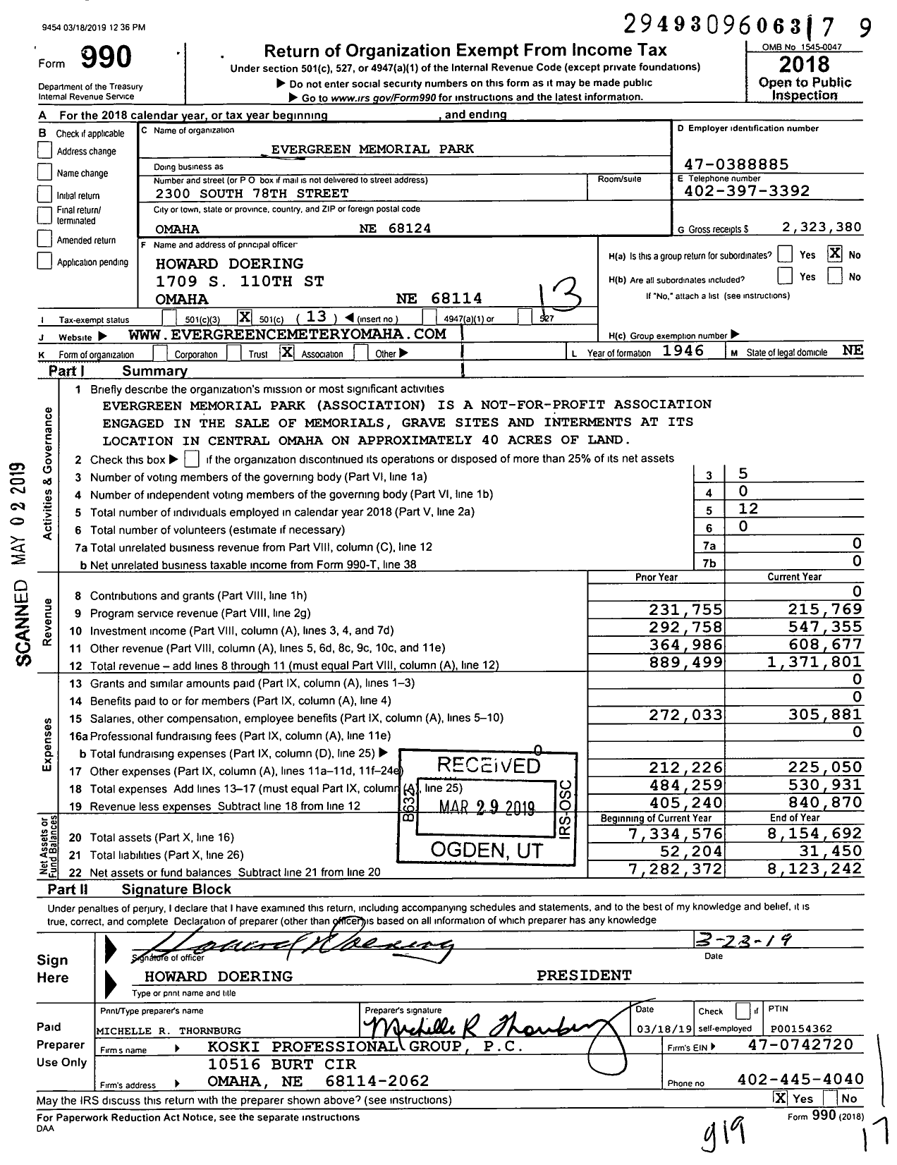 Image of first page of 2018 Form 990O for Evergreen Memorial Park