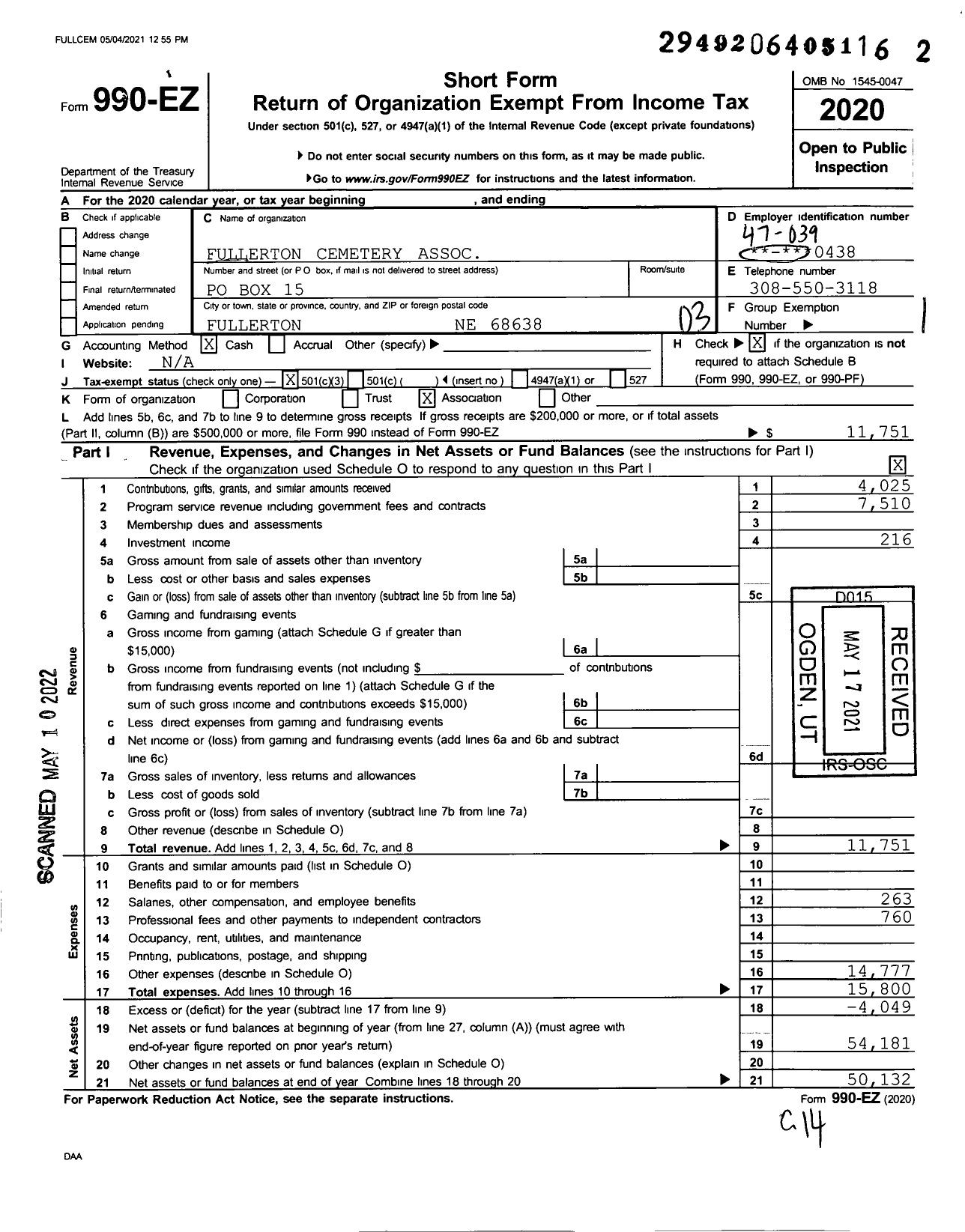 Image of first page of 2020 Form 990EZ for Fullerton Cemetery Association