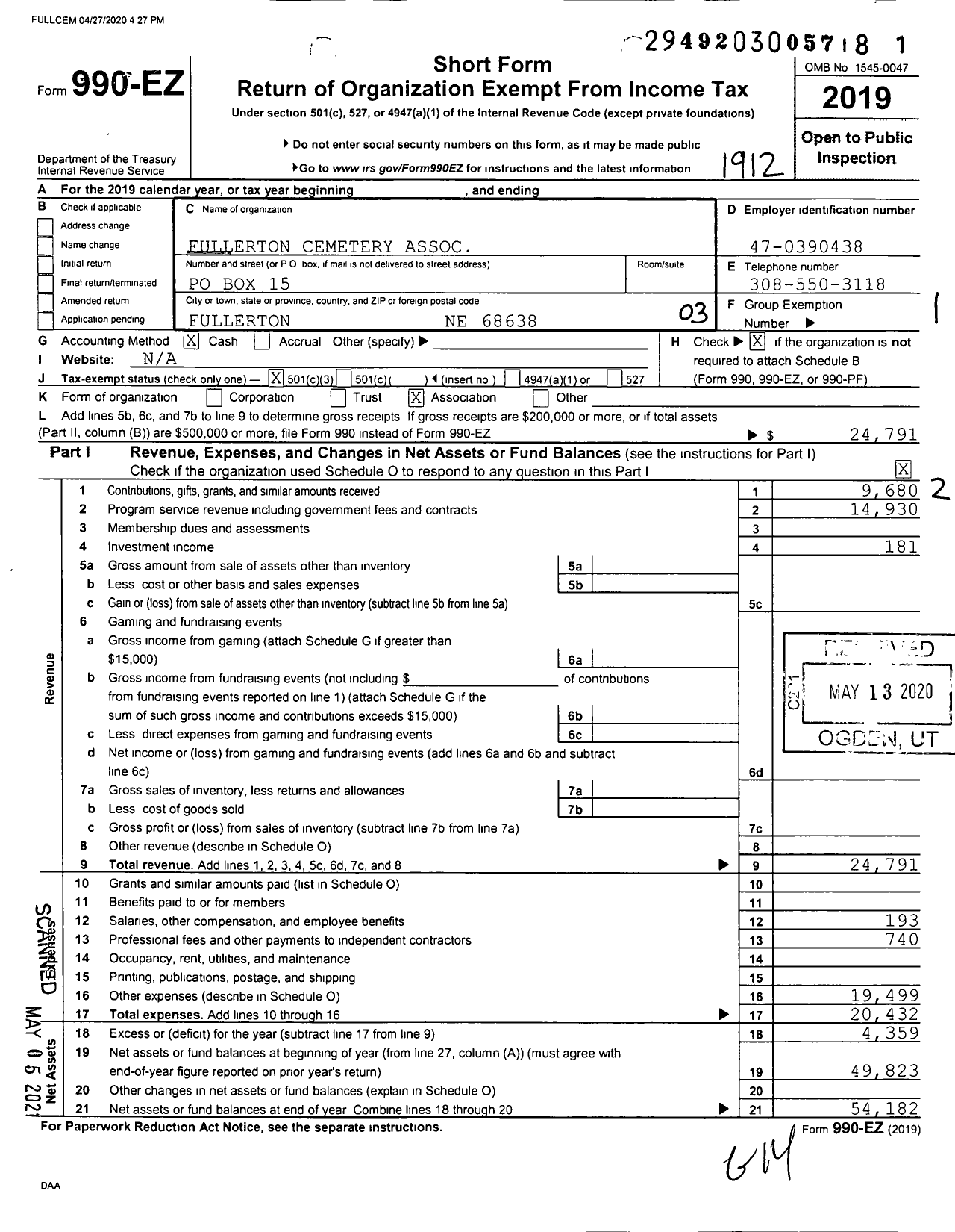 Image of first page of 2019 Form 990EZ for Fullerton Cemetery Association