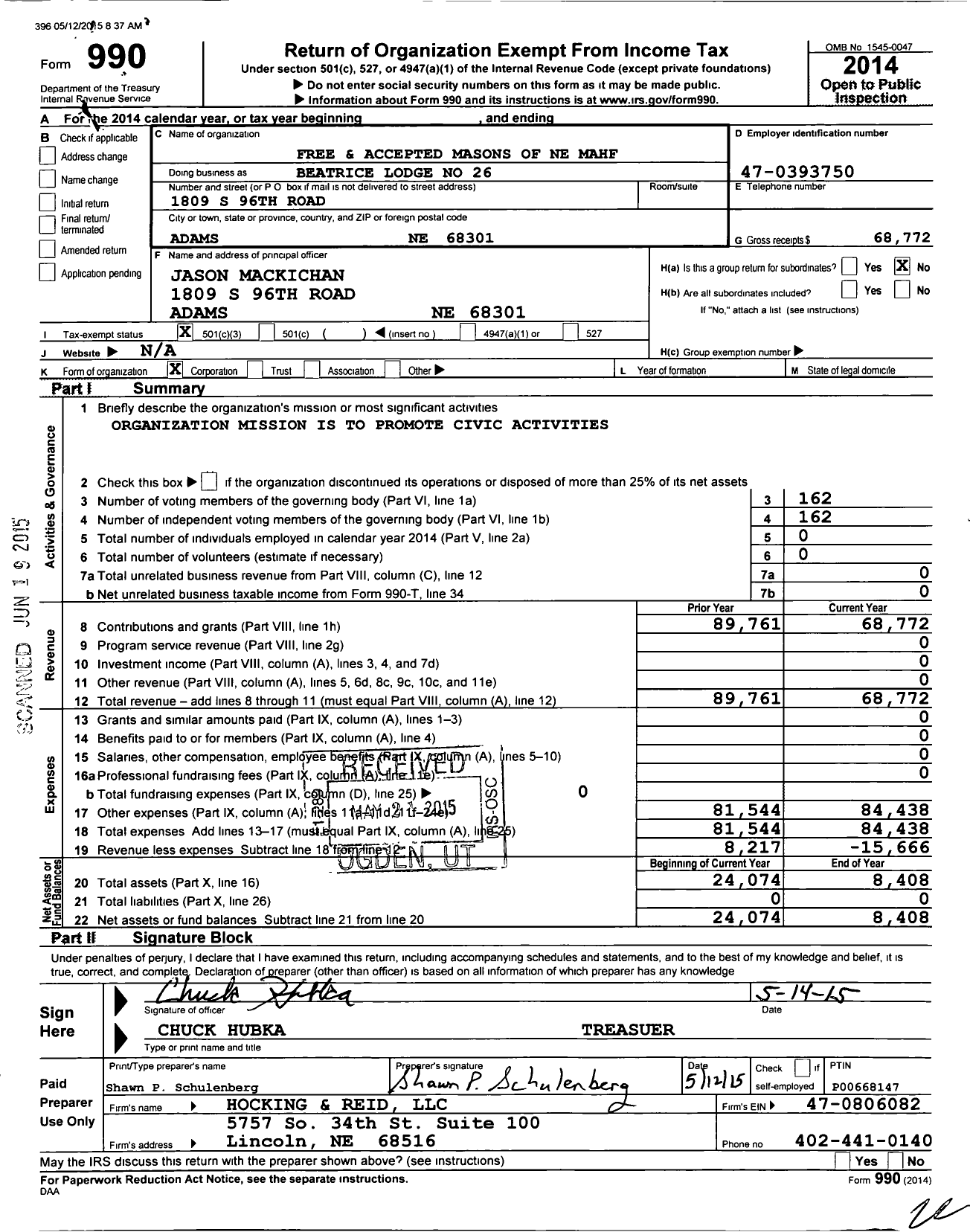 Image of first page of 2014 Form 990 for Free and Accepted Masons of Nebraska Mahf - 26 Beatrice Lodge