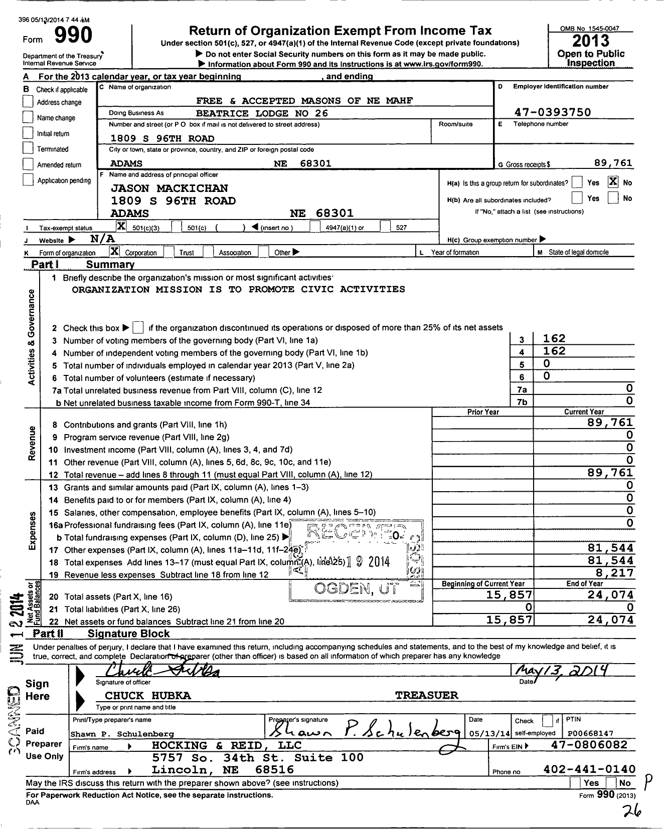 Image of first page of 2013 Form 990 for Free and Accepted Masons of Nebraska Mahf - 26 Beatrice Lodge