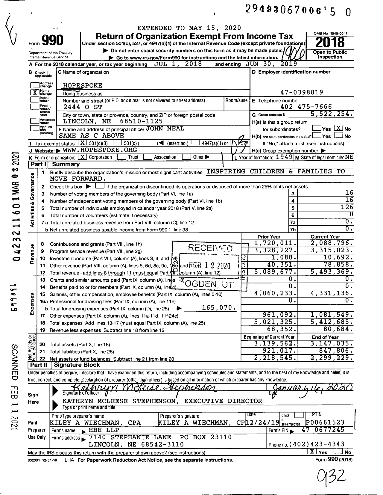 Image of first page of 2018 Form 990 for HopeSpoke