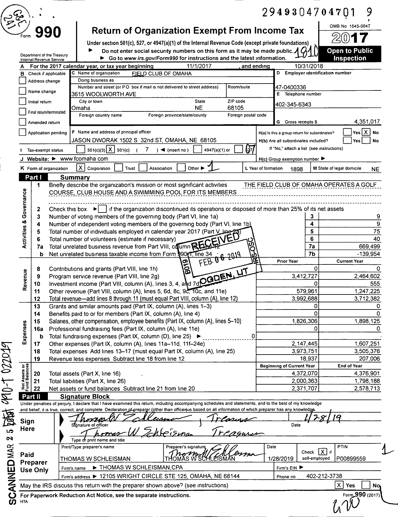 Image of first page of 2017 Form 990O for Field Club of Omaha