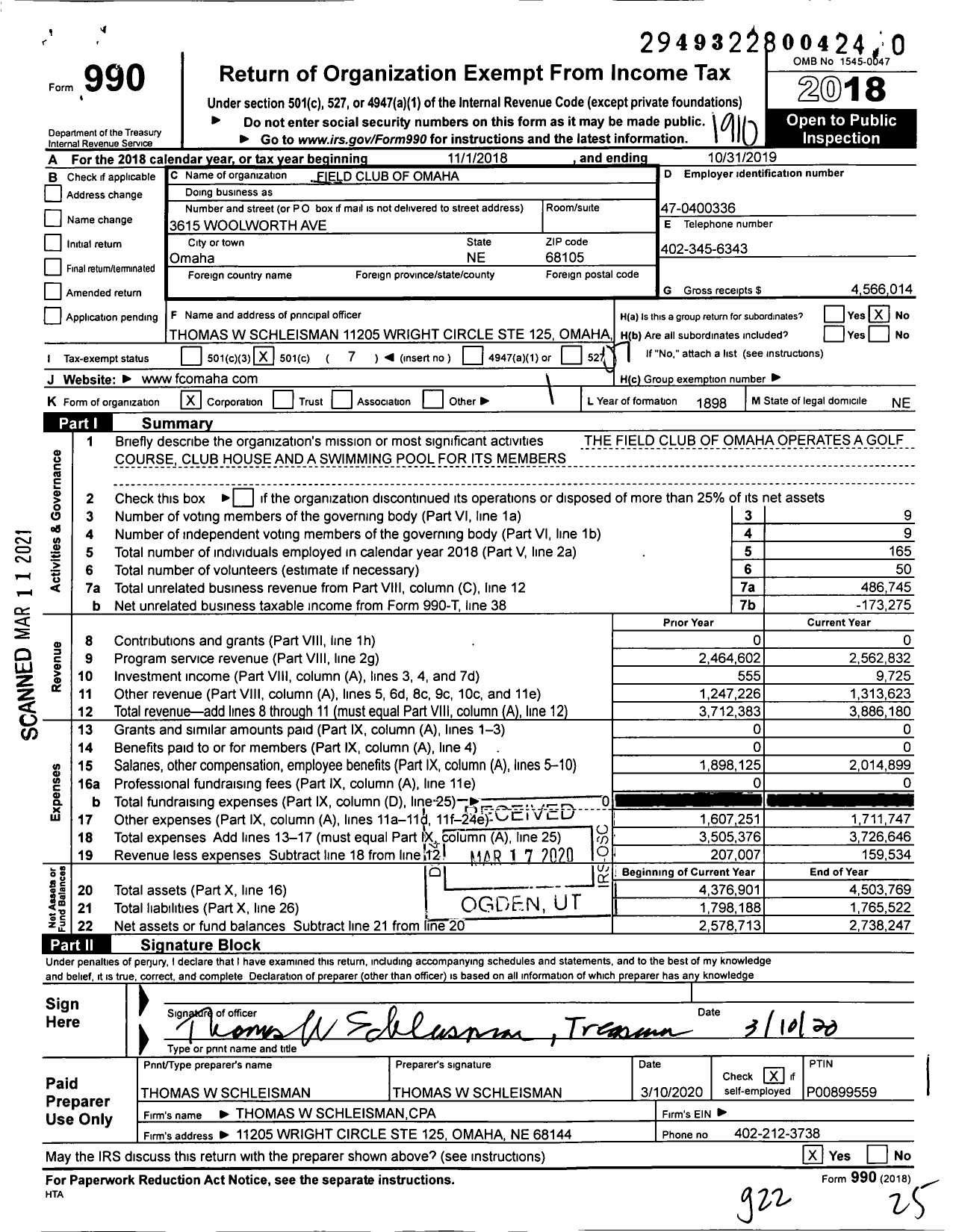 Image of first page of 2018 Form 990O for Field Club of Omaha