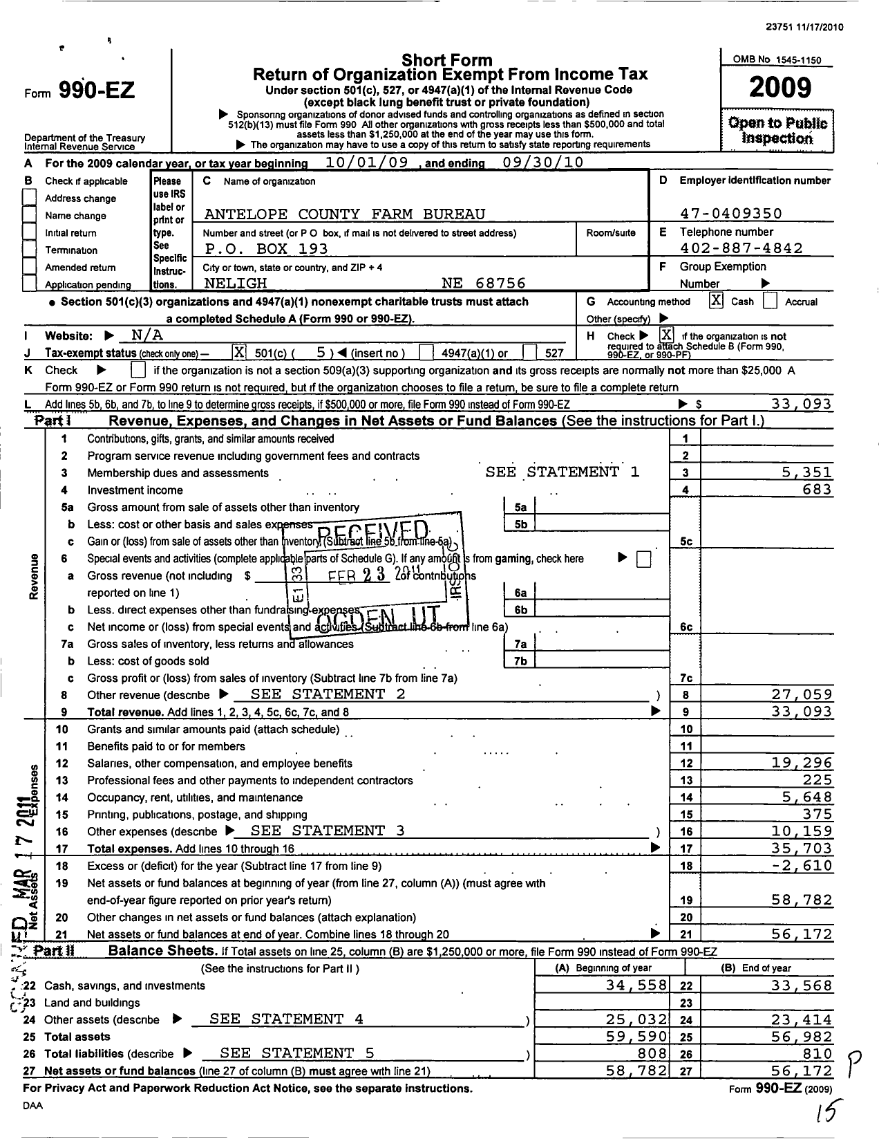 Image of first page of 2009 Form 990EO for Antelope County Farm Bureau