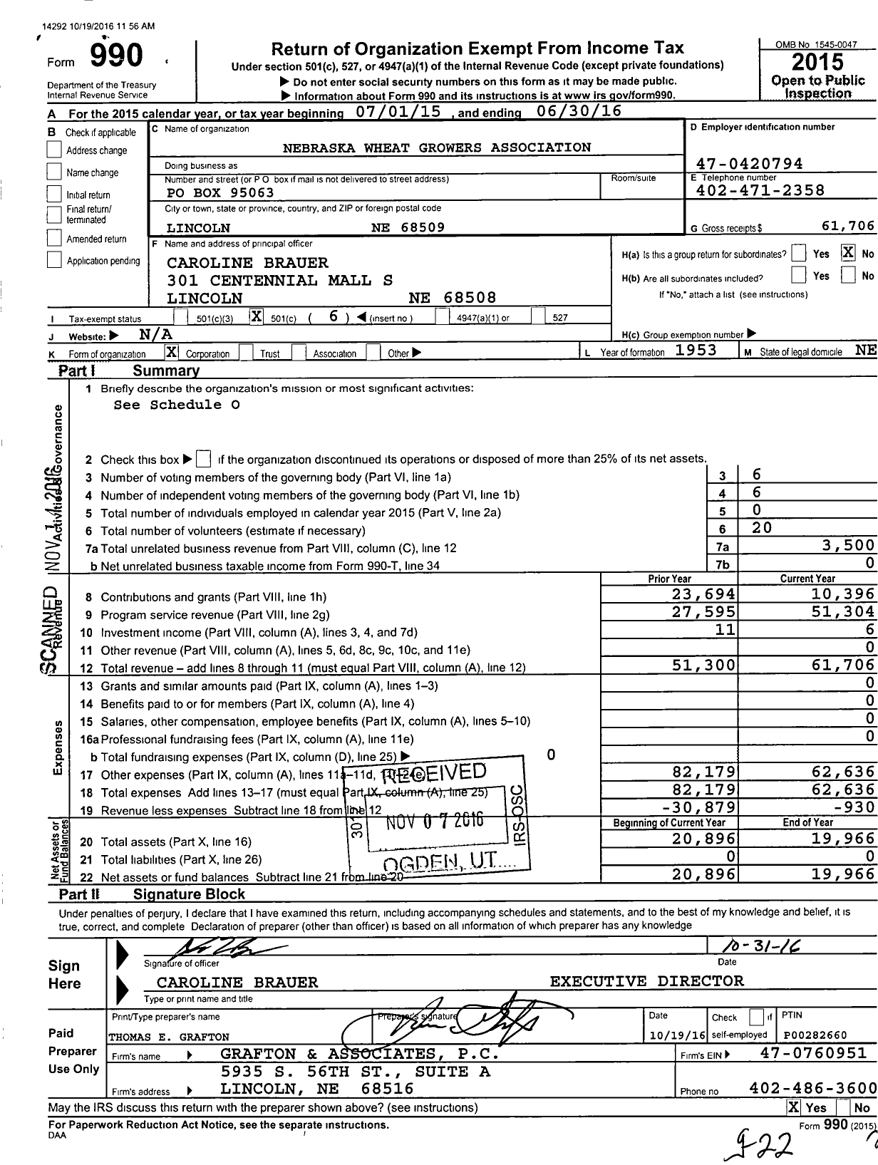 Image of first page of 2015 Form 990O for Nebraska Wheat Growers Association