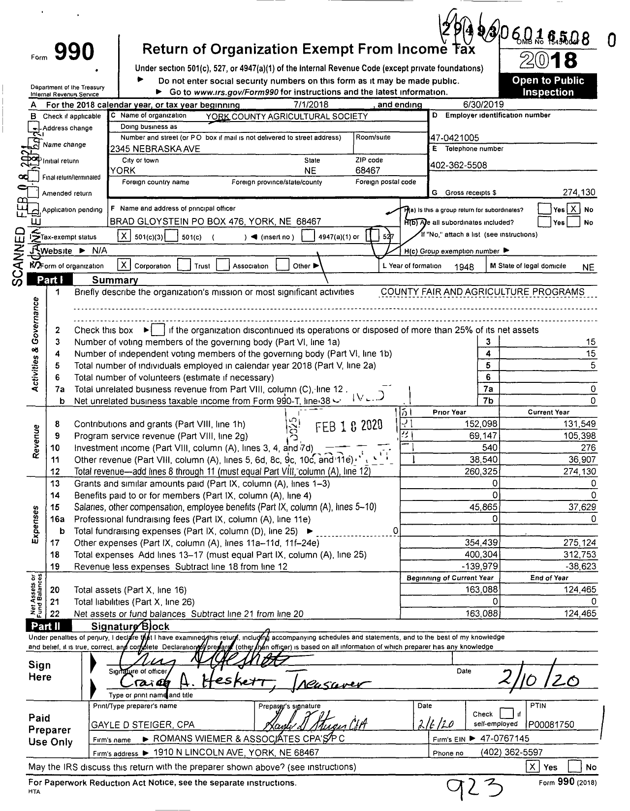 Image of first page of 2018 Form 990 for York County Agricultural Society