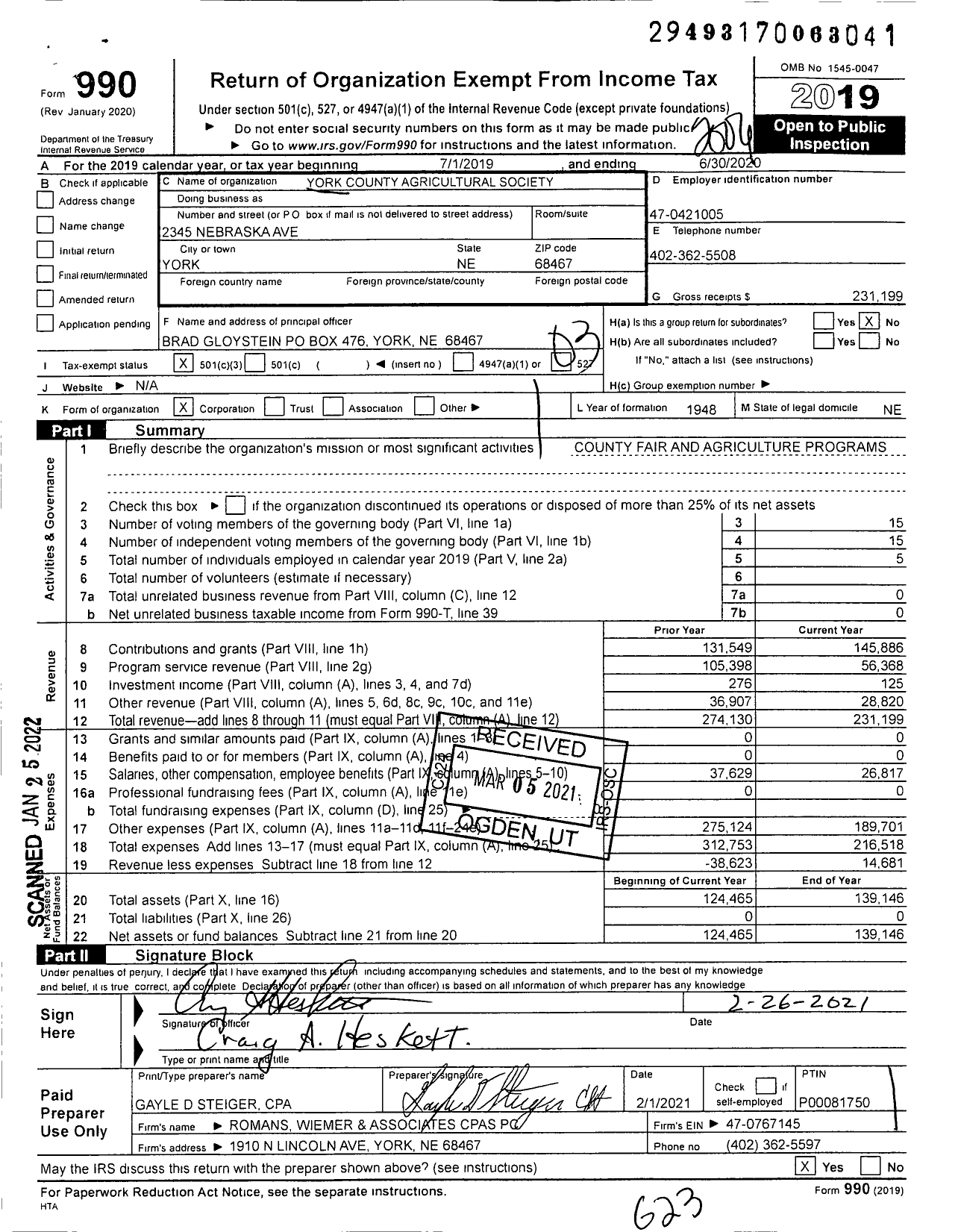 Image of first page of 2019 Form 990 for York County Agricultural Society