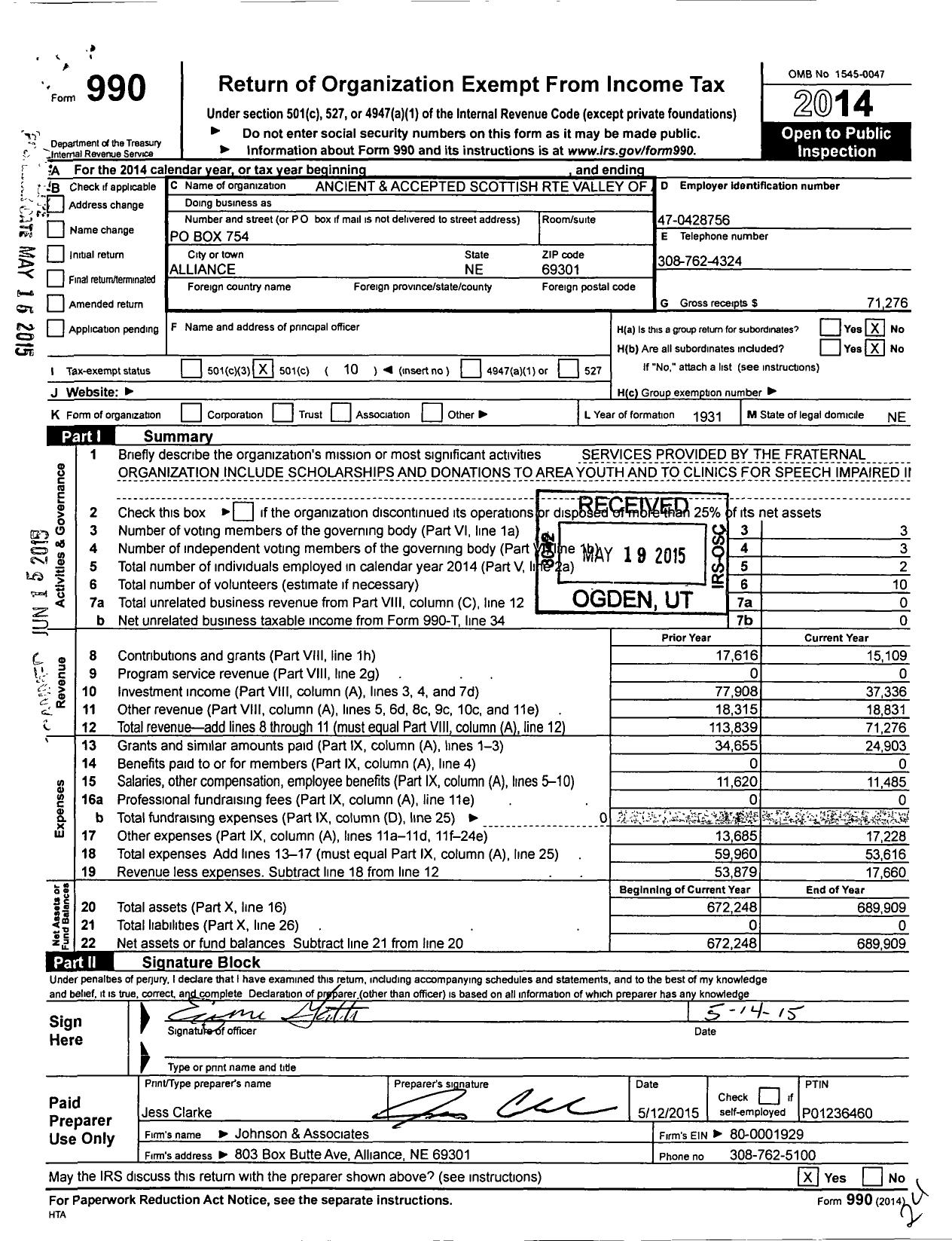 Image of first page of 2014 Form 990O for Scottish Rite of Freemasonry Southern Jurisdiction - Valley of Alliance & Coord Bodies