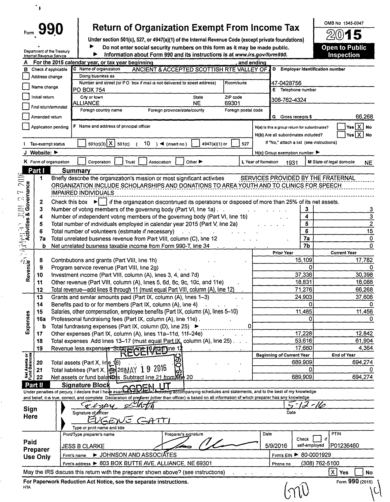 Image of first page of 2015 Form 990O for Scottish Rite of Freemasonry Southern Jurisdiction - Valley of Alliance & Coord Bodies