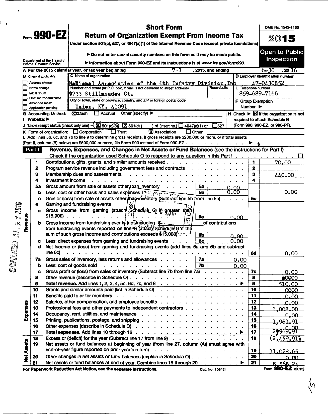 Image of first page of 2015 Form 990EZ for National Association of the Sixth Division United States Army