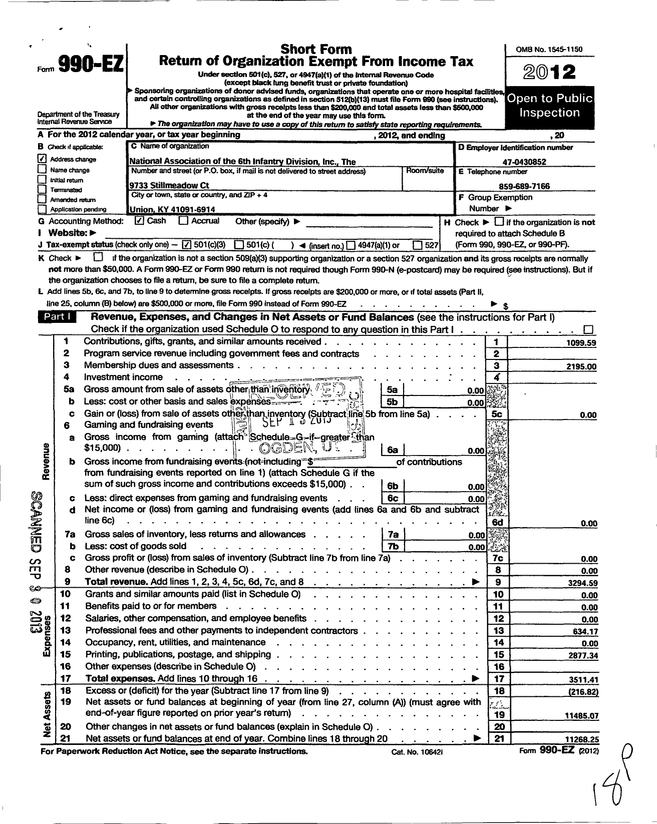 Image of first page of 2012 Form 990EZ for National Association of the Sixth Division United States Army