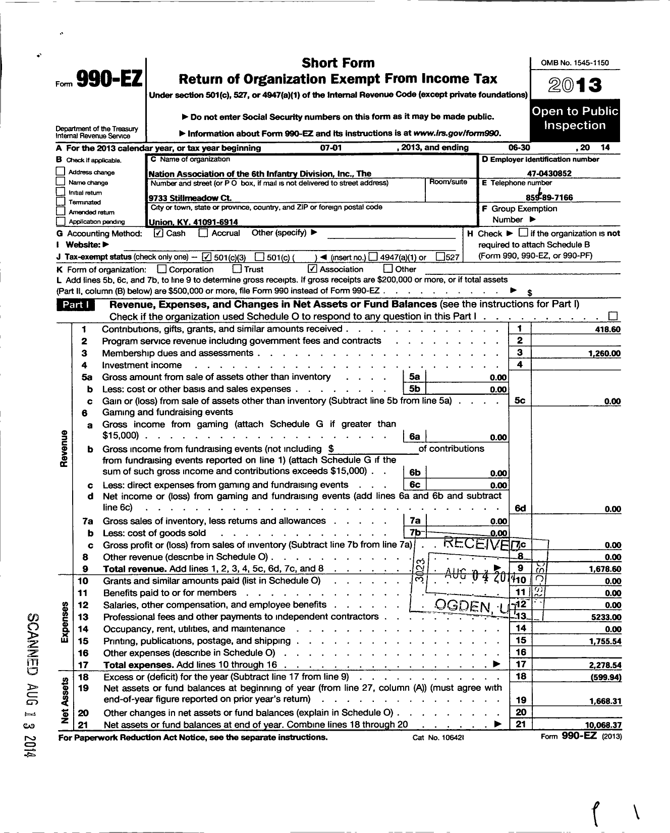 Image of first page of 2013 Form 990EZ for National Association of the Sixth Division United States Army