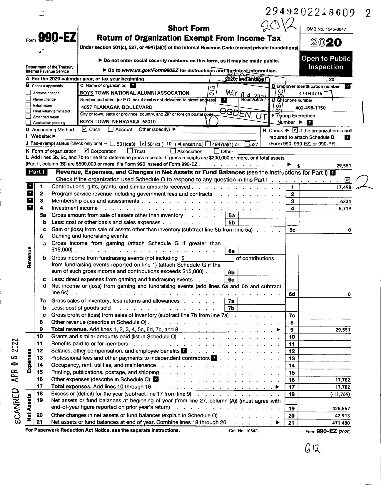 Image of first page of 2020 Form 990EO for Boys Town National Alumni Association