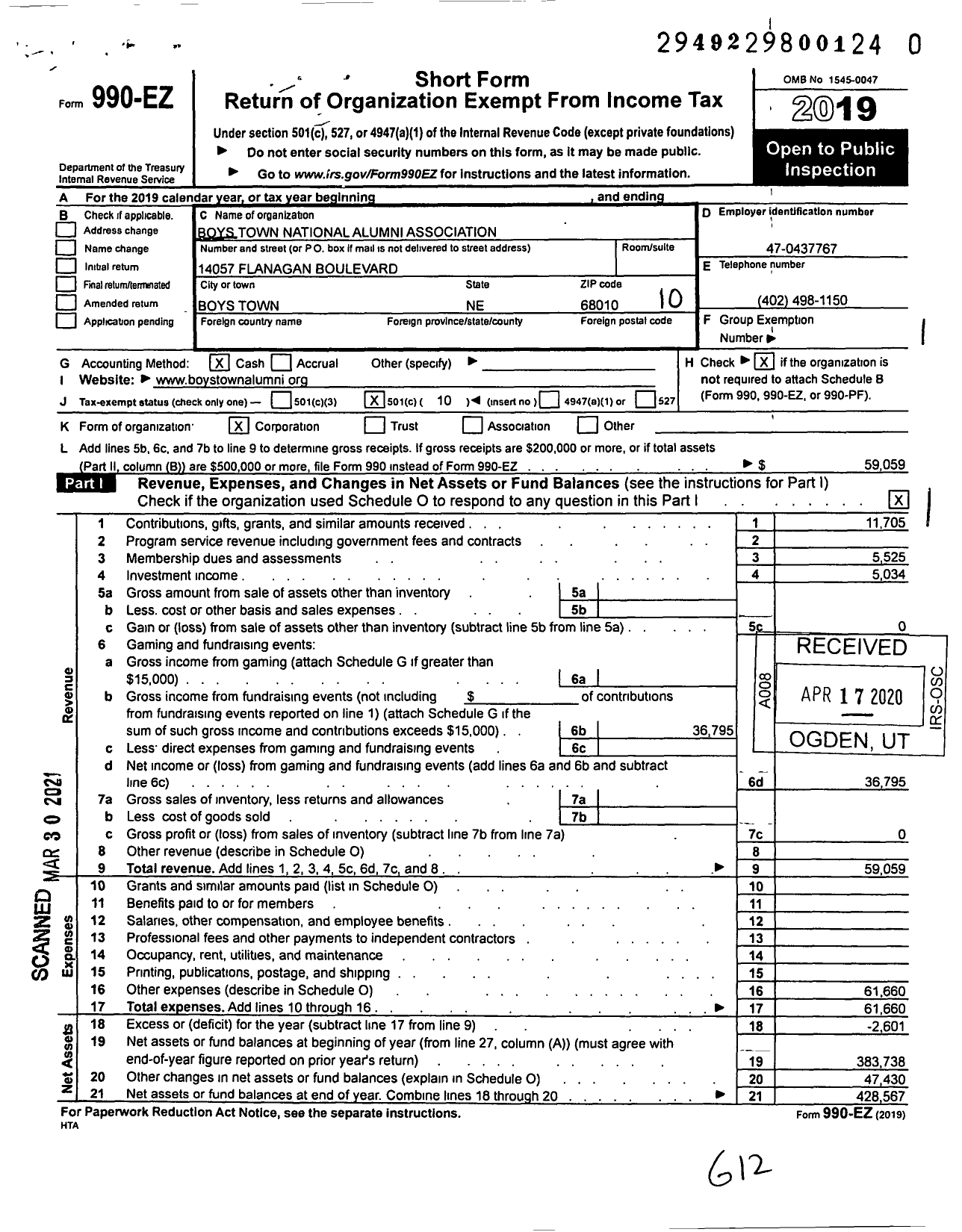 Image of first page of 2019 Form 990EO for Boys Town National Alumni Association