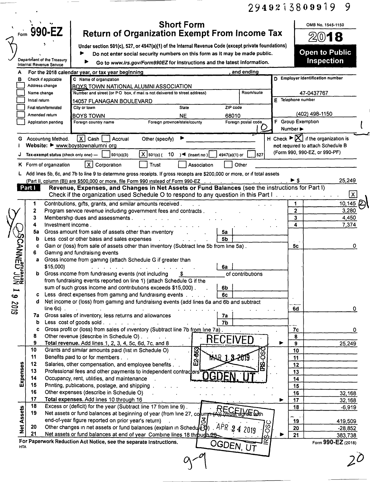 Image of first page of 2018 Form 990EO for Boys Town National Alumni Association