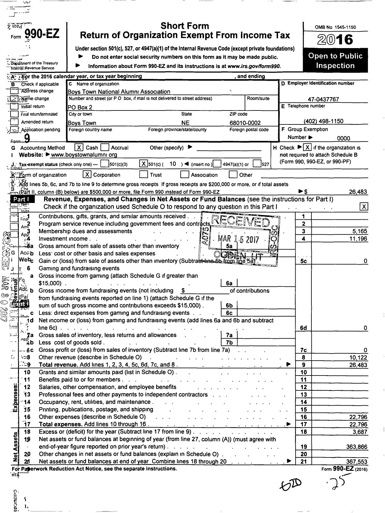 Image of first page of 2016 Form 990EO for Boys Town National Alumni Association