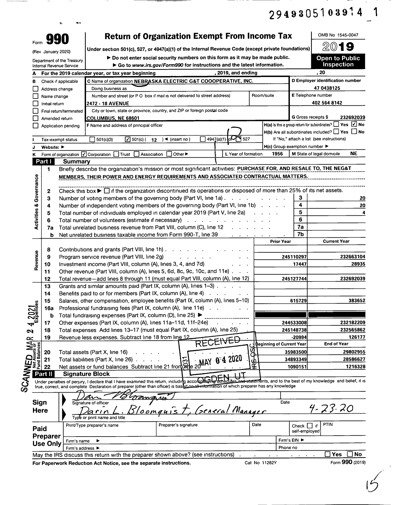 Image of first page of 2019 Form 990O for Nebraska Electric Generation and Transmission Cooperative
