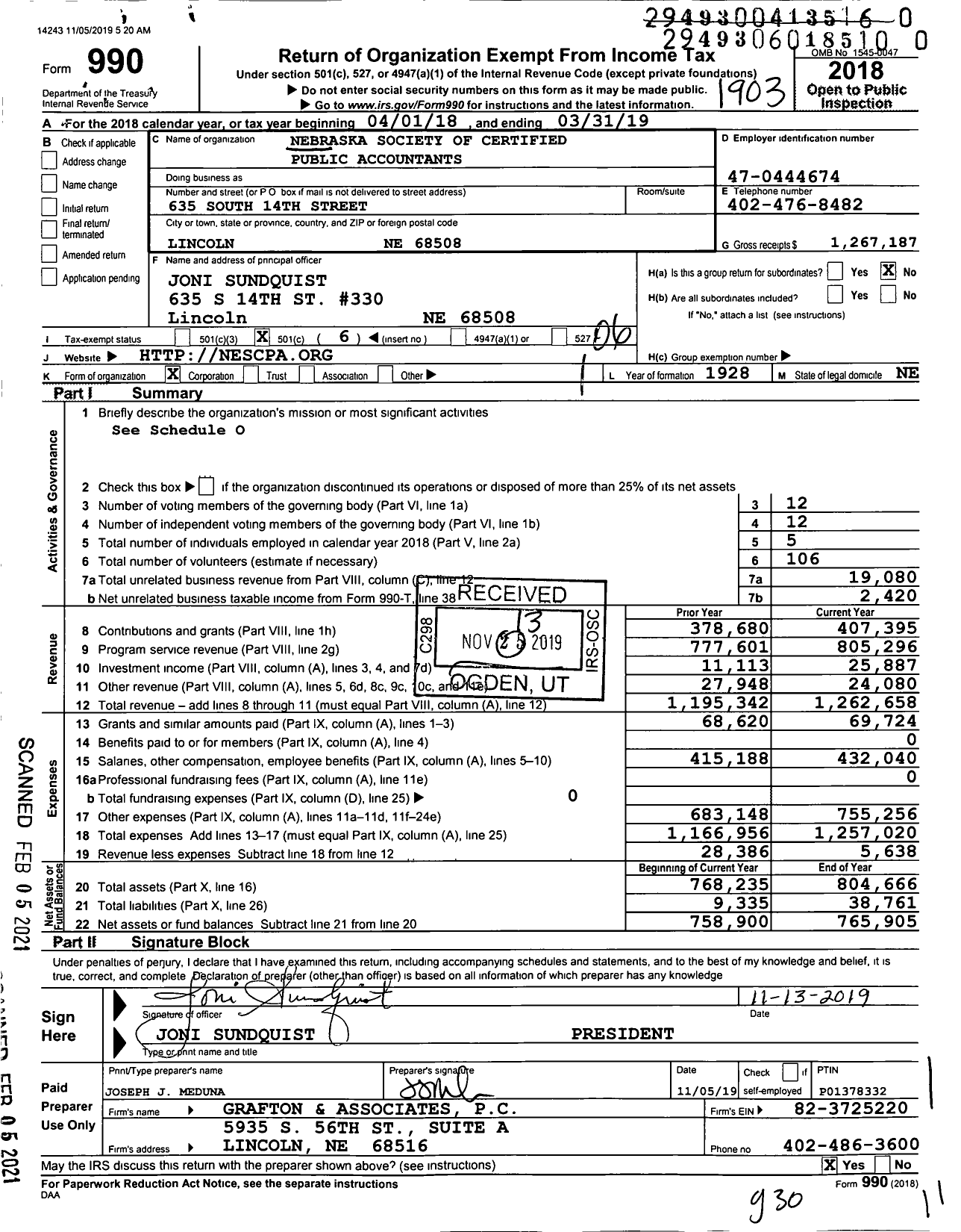 Image of first page of 2018 Form 990O for Nebraska Society of Certified Public Accountants