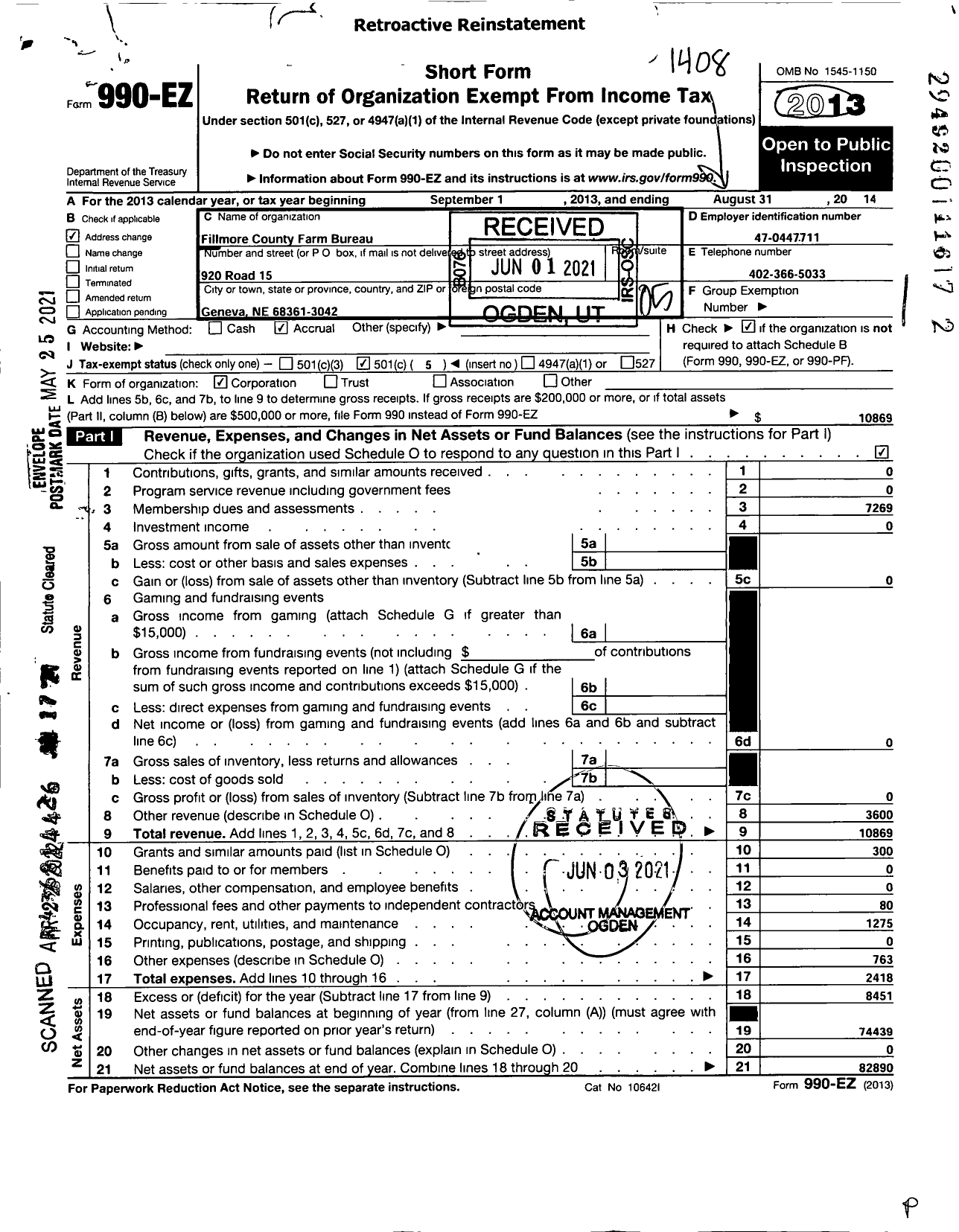 Image of first page of 2013 Form 990EO for Fillmore County Farm Bureau