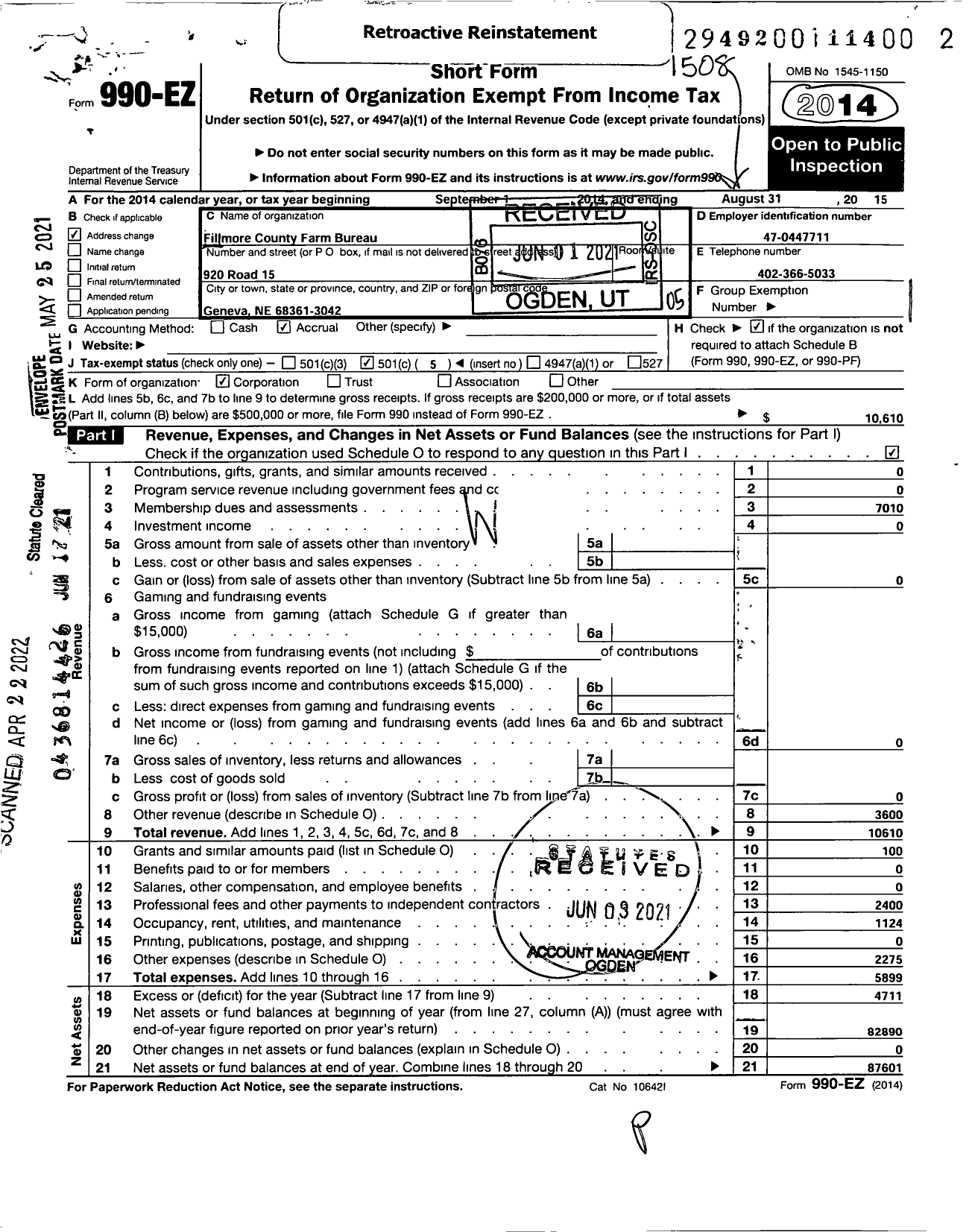 Image of first page of 2014 Form 990EO for Fillmore County Farm Bureau