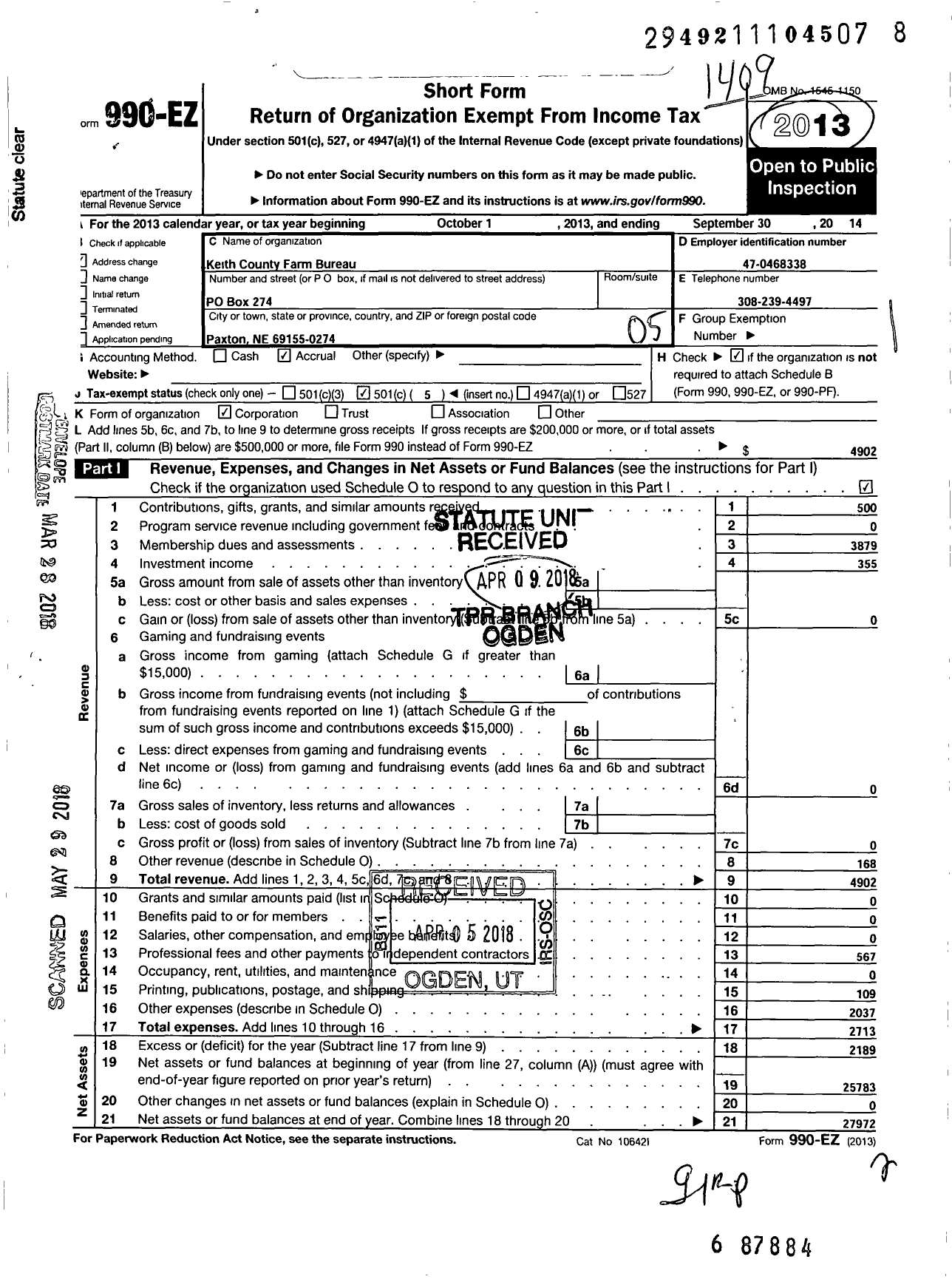 Image of first page of 2013 Form 990EO for Keith County Farm Bureau