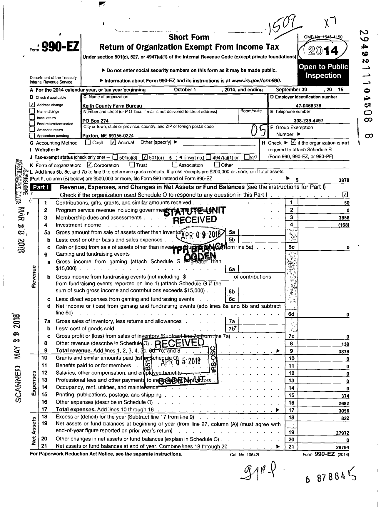 Image of first page of 2014 Form 990EO for Keith County Farm Bureau