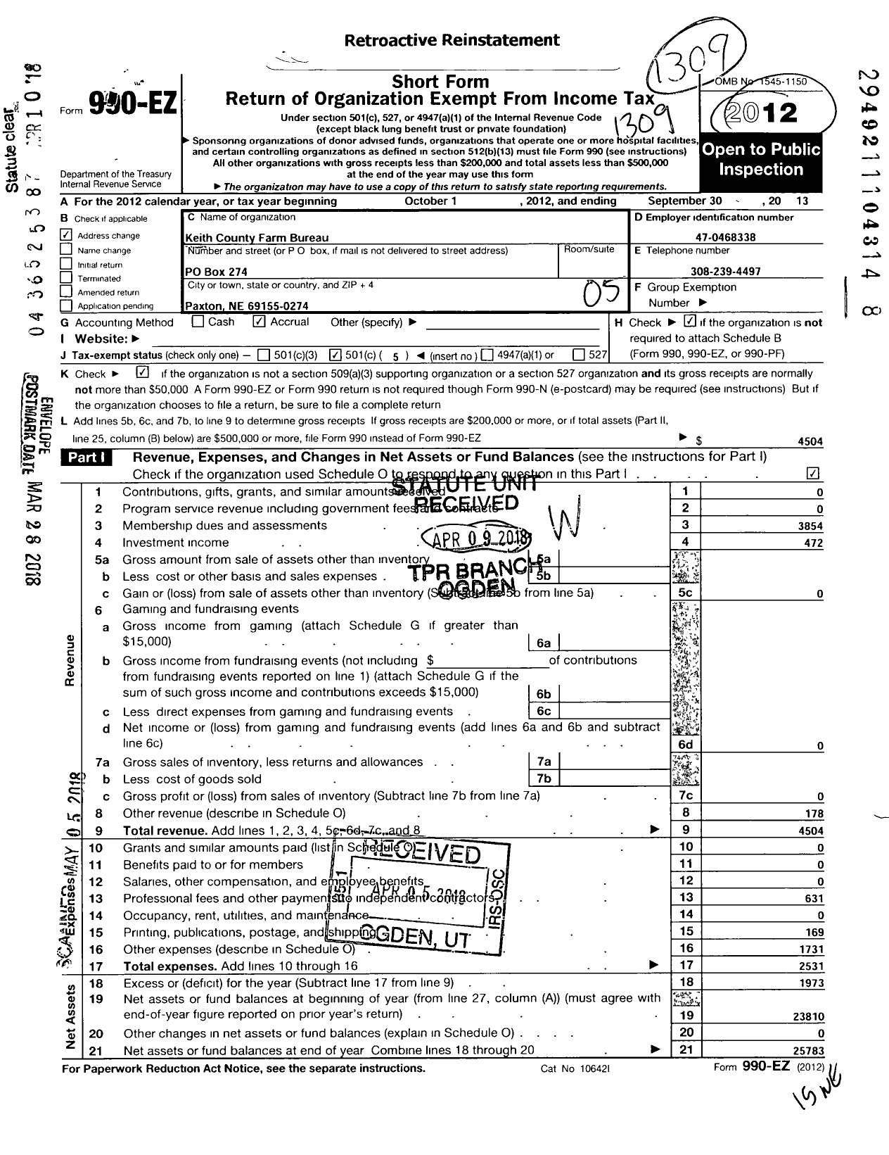 Image of first page of 2012 Form 990EO for Keith County Farm Bureau